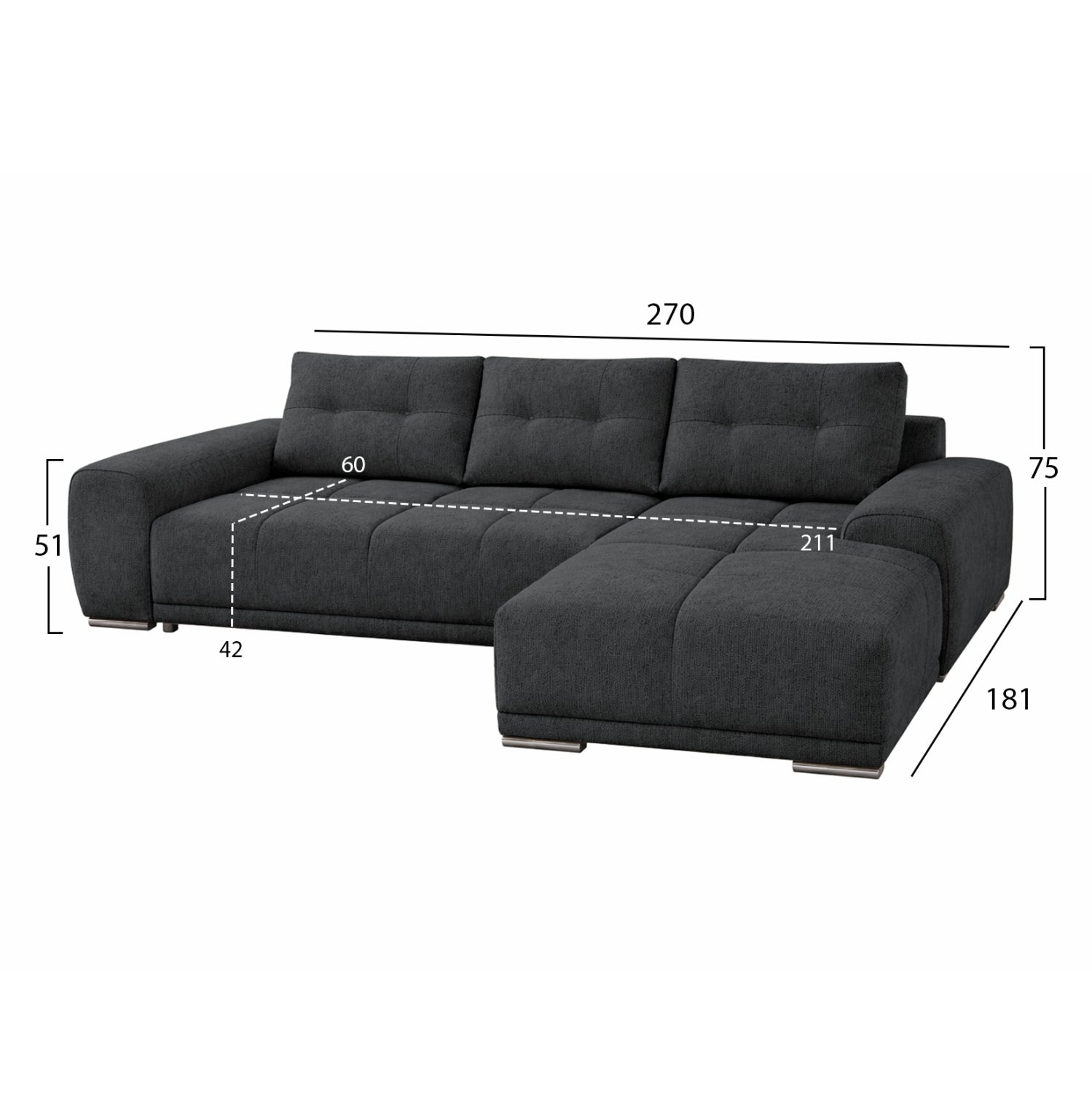 Разтегателен диван десен ъглов Comfyra сив плат 270x181x75см