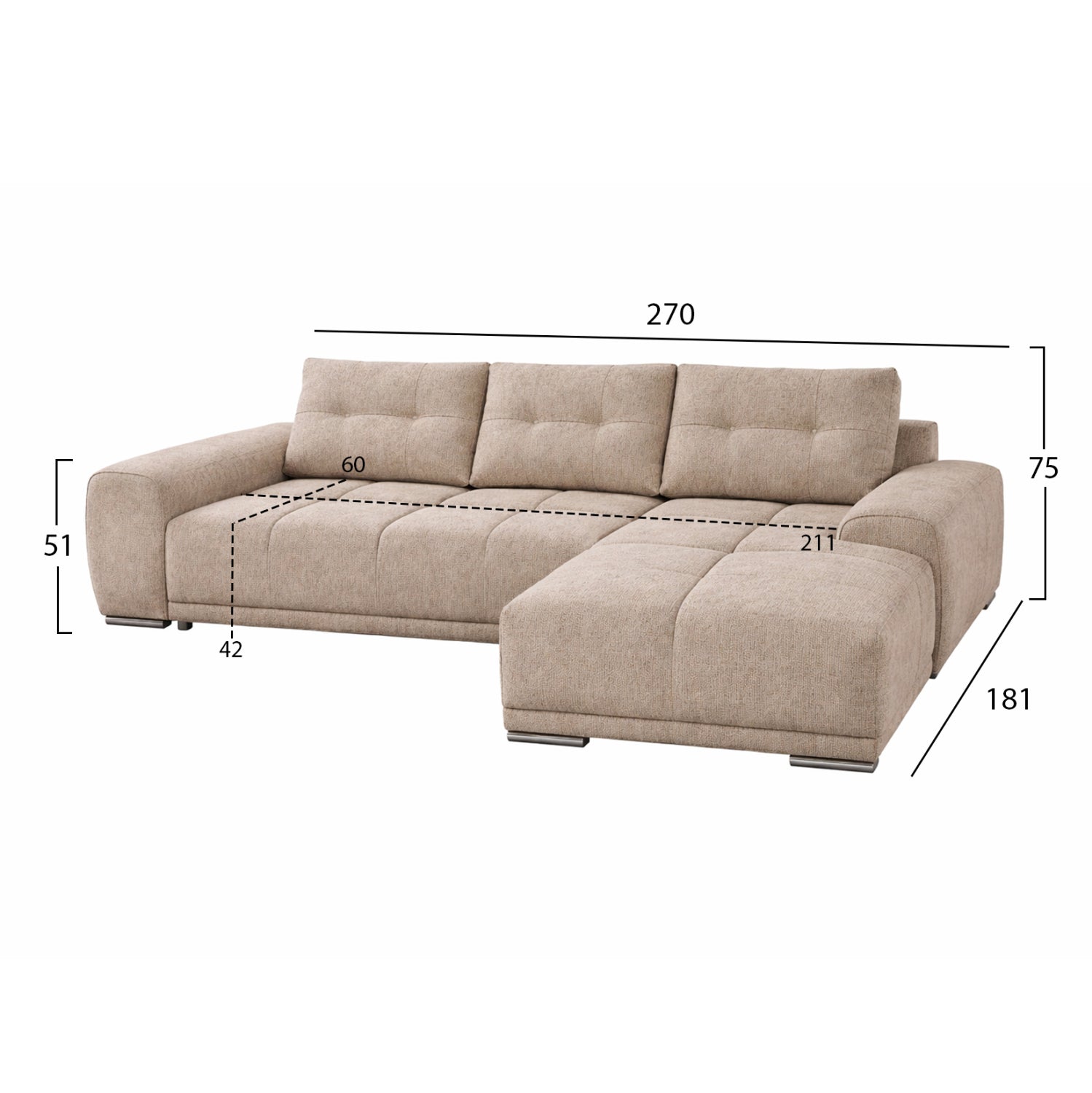 Разтегащ диван десен ъгъл Comfyra бежов плат 270x181x75см