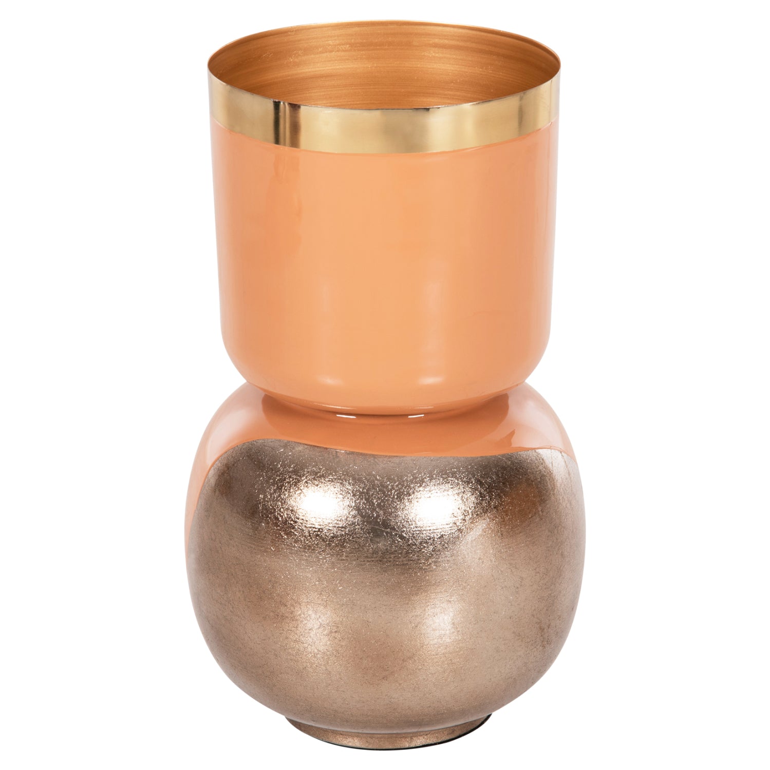 Декоративна настолна декоративна метална ваза цвят сьомга-сребърна полирана φ21x37.5h