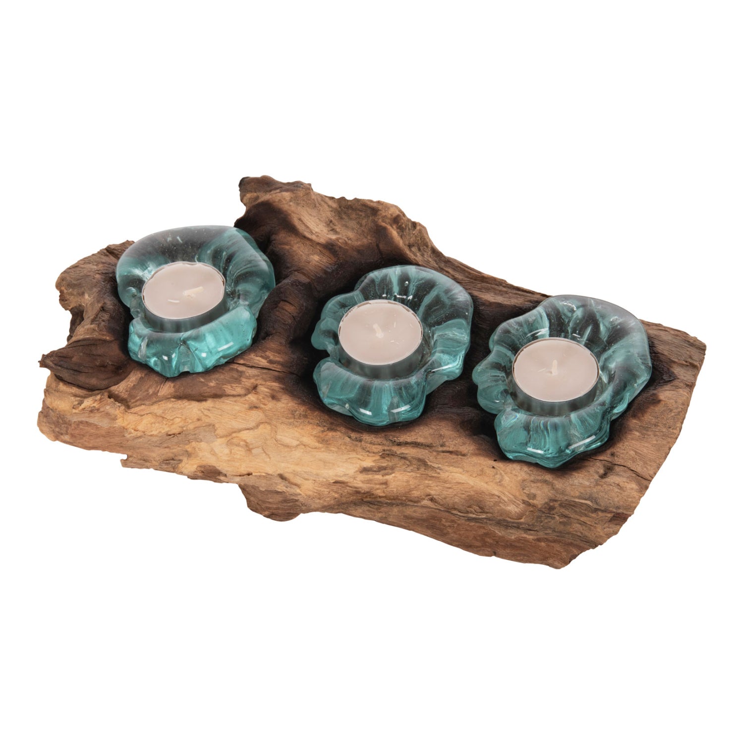 Декорация за маса за тройни свещи, масивно тиково дърво и стъкло - натурален 32x15x8