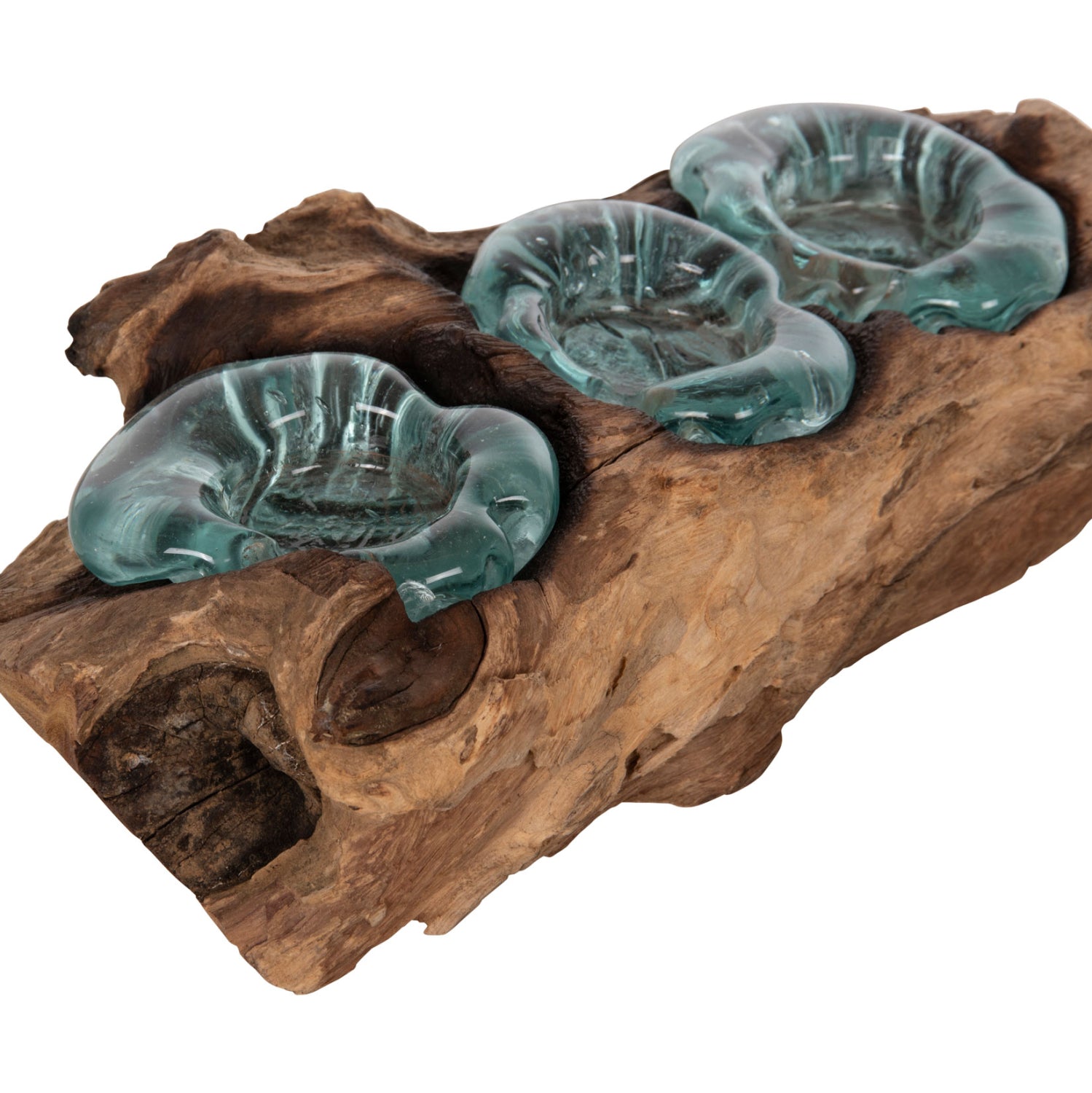 Декорация за маса за тройни свещи, масивно тиково дърво и стъкло - натурален 32x15x8