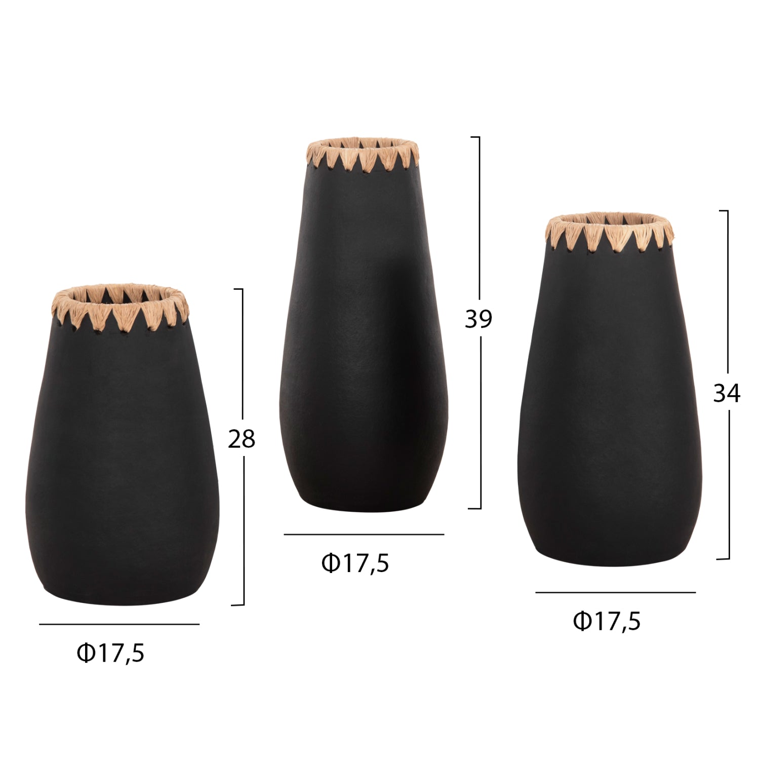 Комплект от 3 декоративни теракотови вази в черно с венец на гърлото