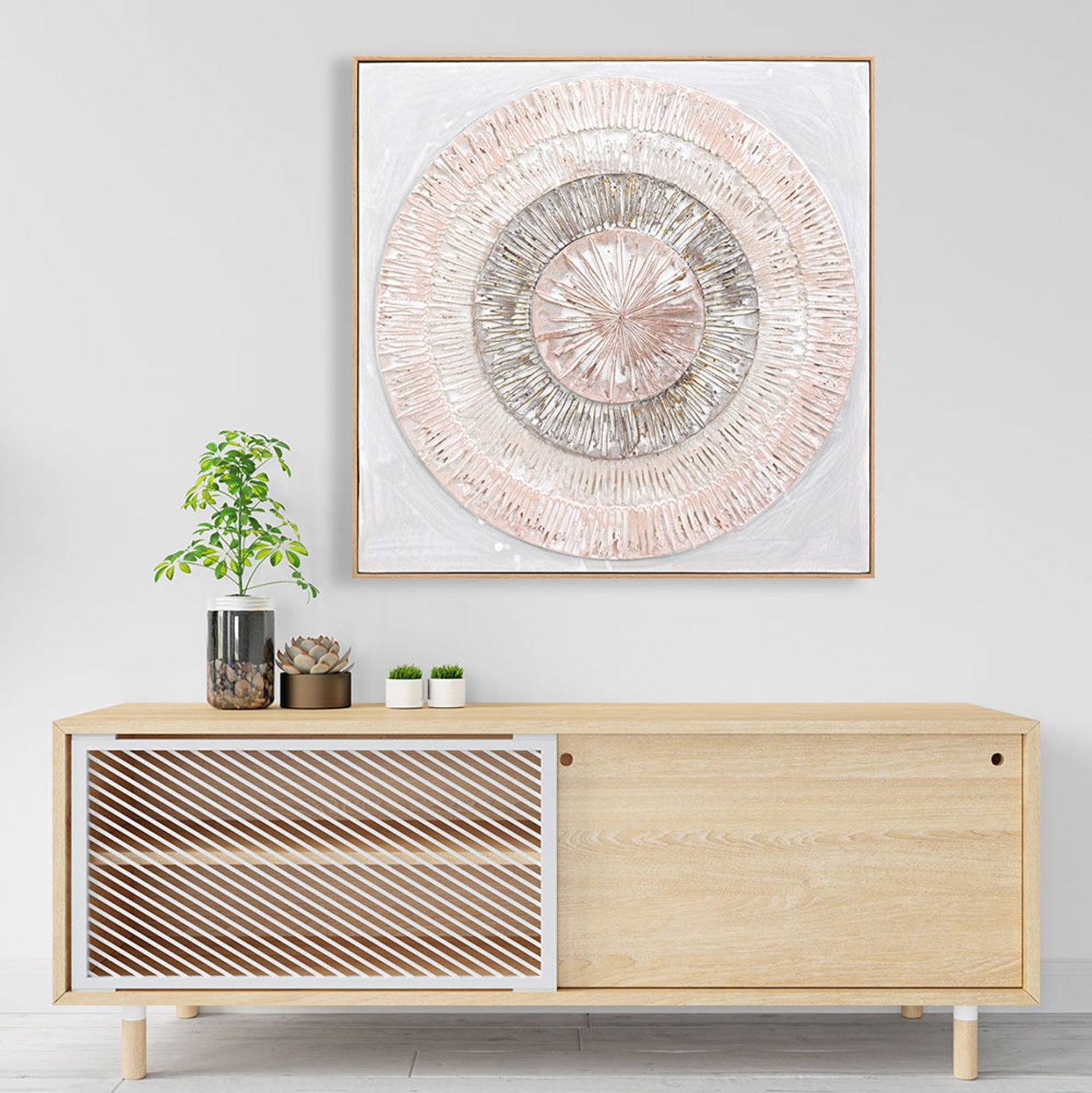 3d картина ръчно изработени кръгове в бежова рамка 82x4.5X82см.