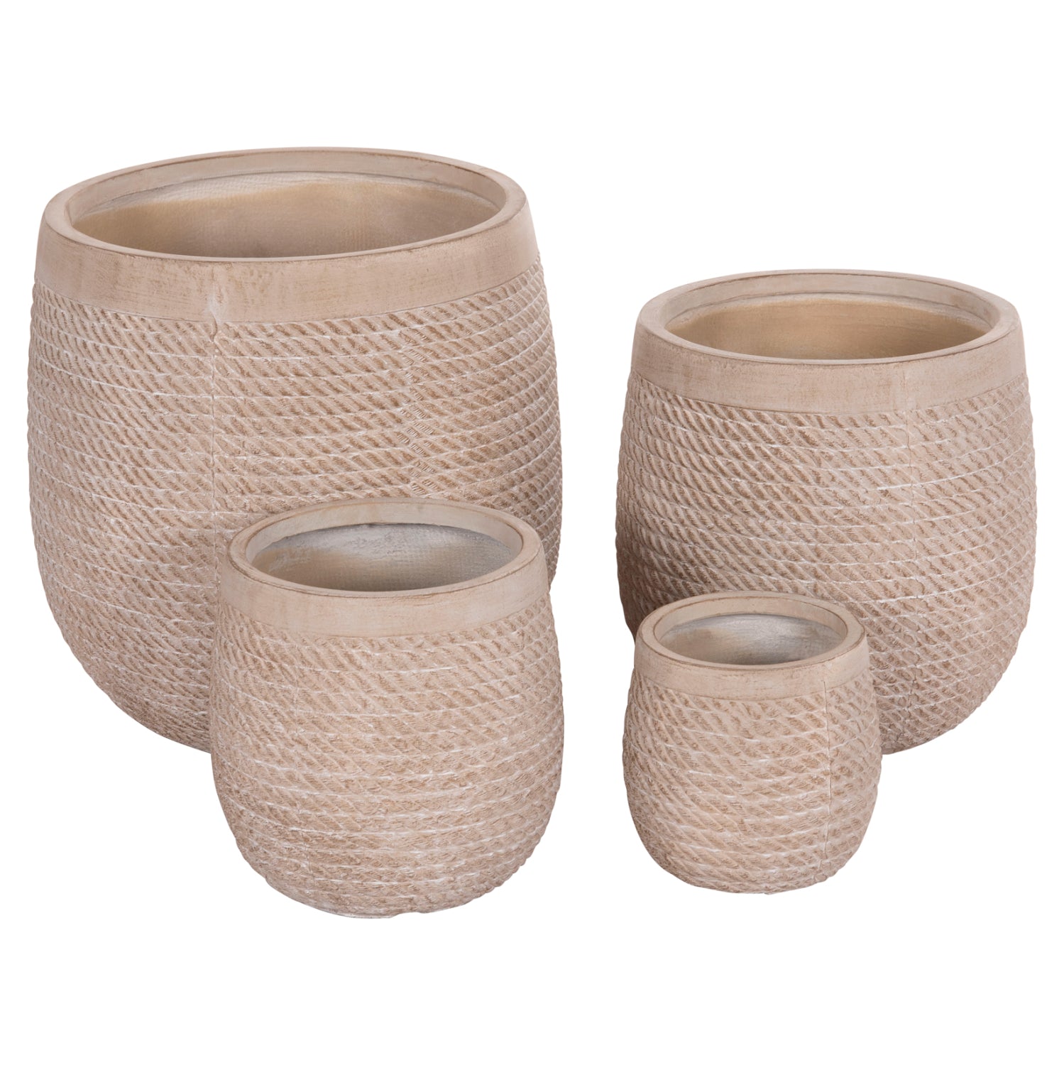 Комплект от 4 кръгли градински саксий фибър - цимент с цвят слонова кост ф54x54 см