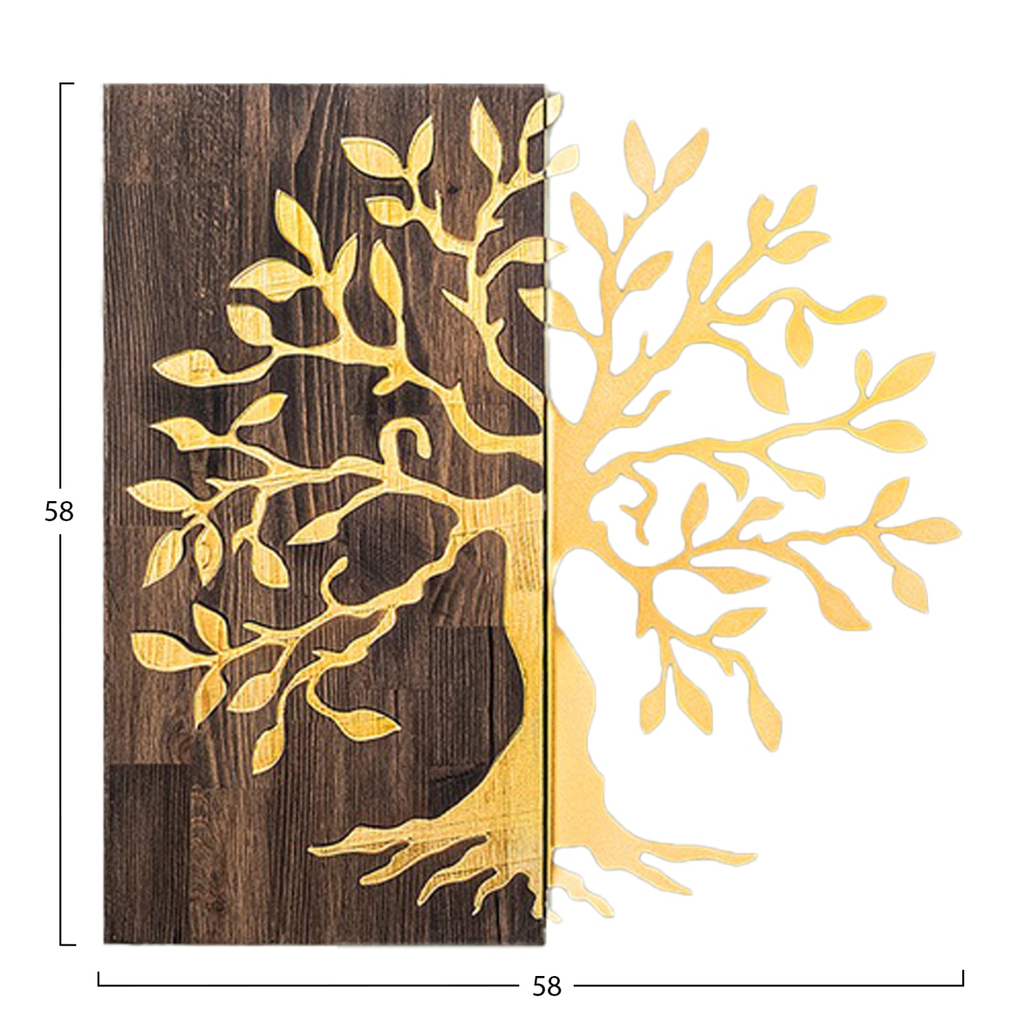 Декоративно дърво за стена - метални листа злато-дърво 58x3(дълбочина)x58см.