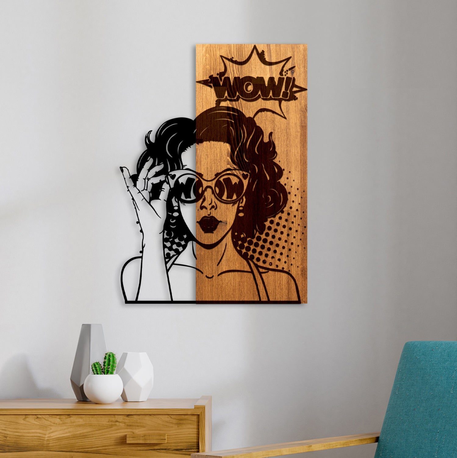 Декорация за стена дамско лице - метални ламарини черно-дърво 42x3(дълбочина)x58см.