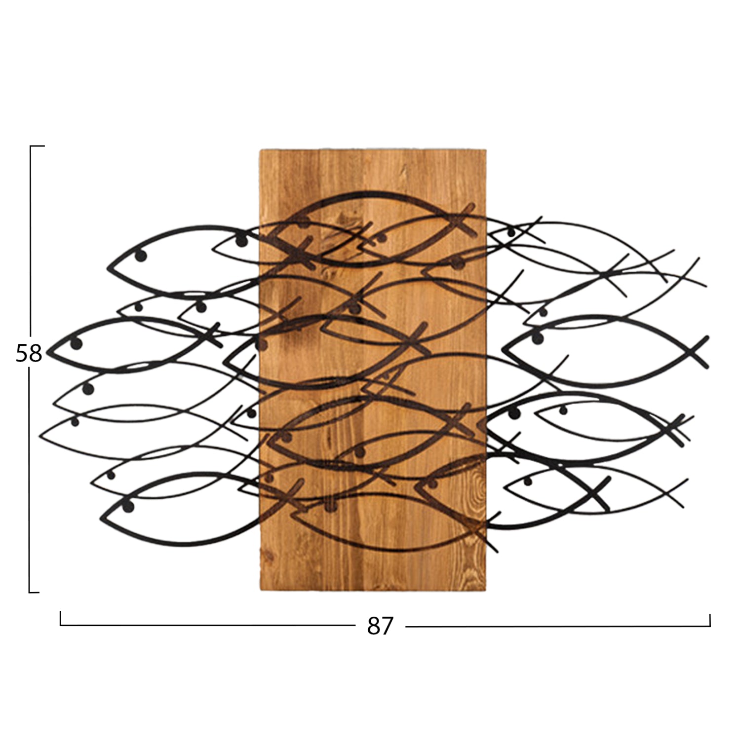 Декор за стена рибка - метални листа черно-дърво 87x3(дълбочина)x58см.