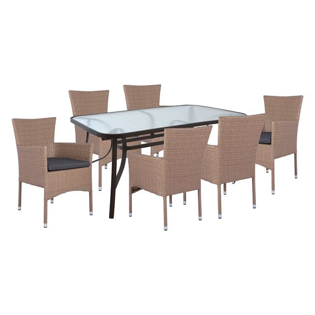 Комплект 7бр. кафява метална маса 160x90 и 6 кресла кафяво-мока ракита КГ10587.02