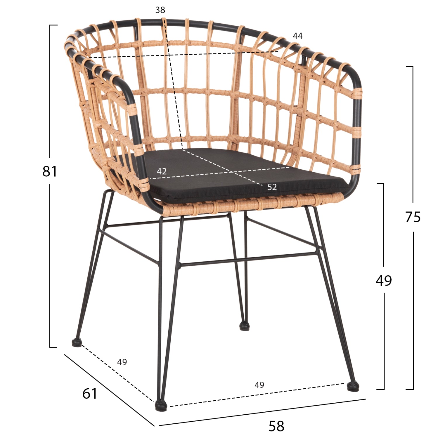 Градински фотьойл Алегра, метал и възглавница, черно-ракитен, бежов, 58x61x81