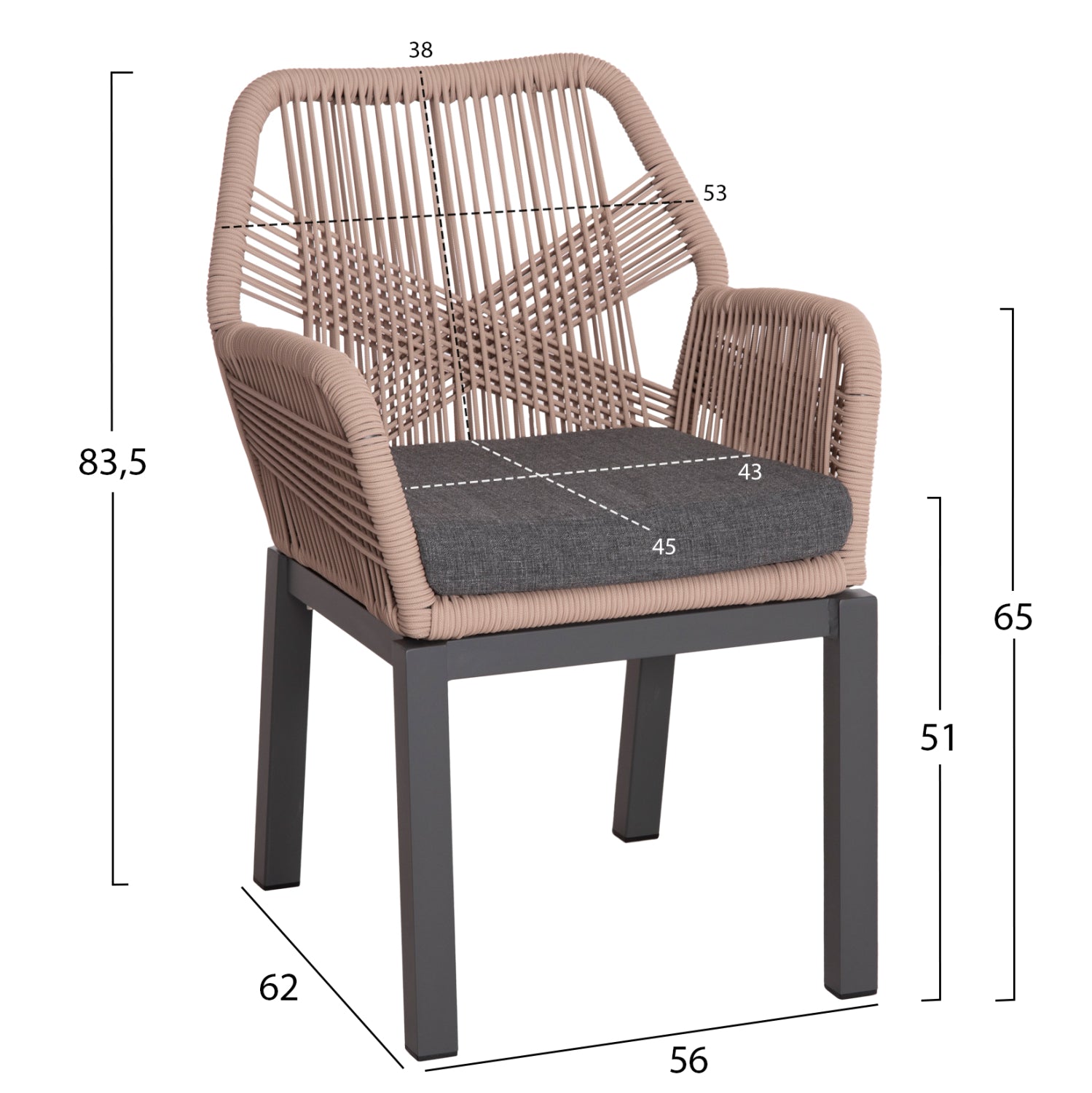 Алуминиево кресло HOWARD цвят антрацит/въже и възглавница бежово 57.5x62x84см