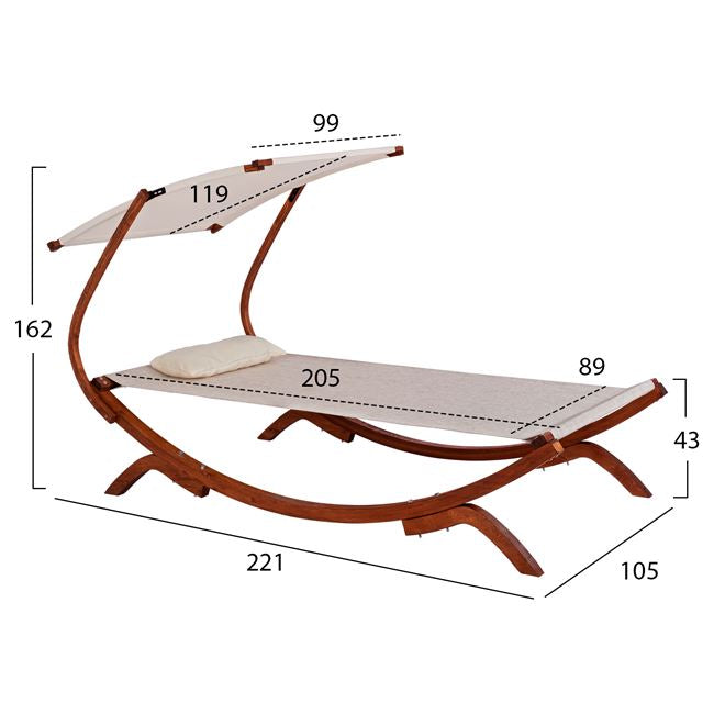 Дървен плажен стол в орехово-бежово със сянка colby 105x221x162в см