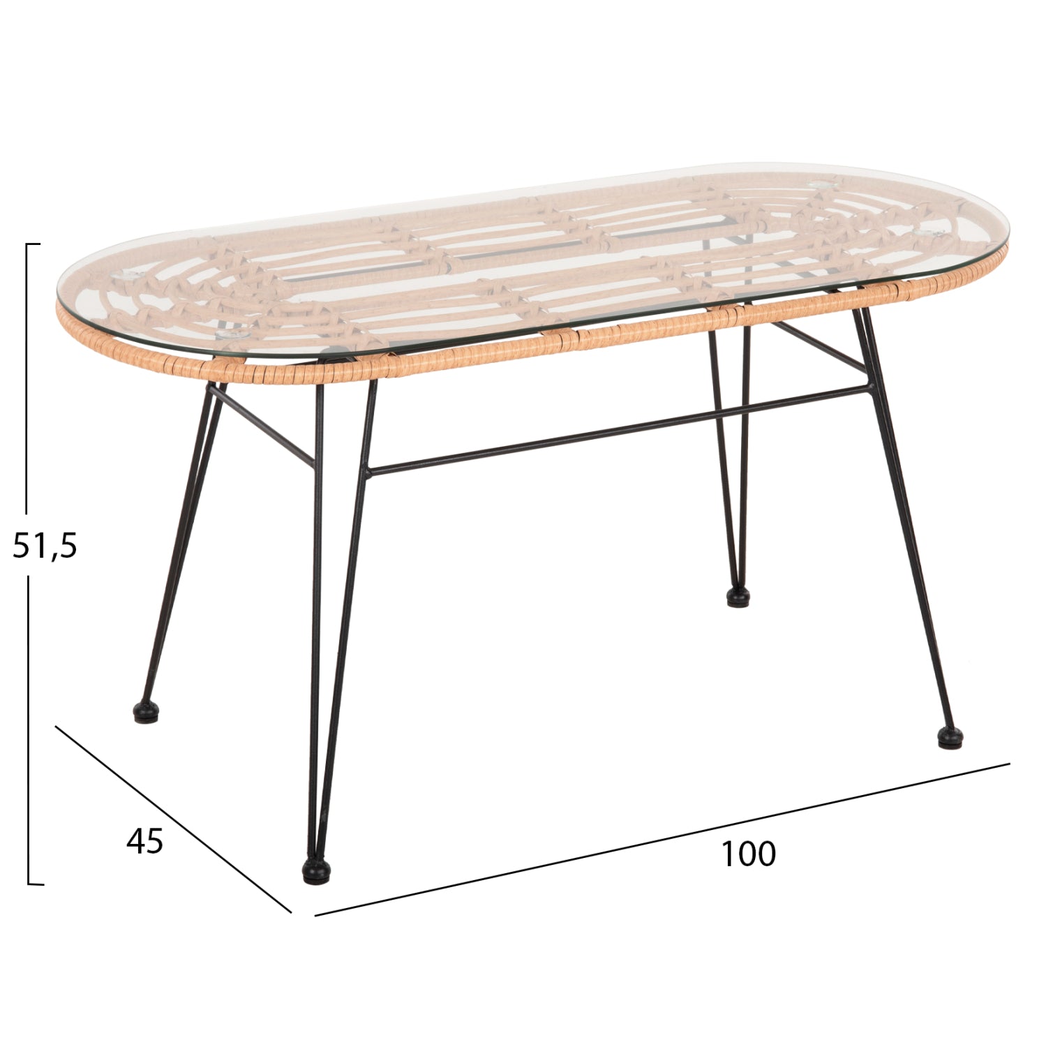 Овална ниска маса Аllegra бежова ракита-черен метал 100x45x51.5см
