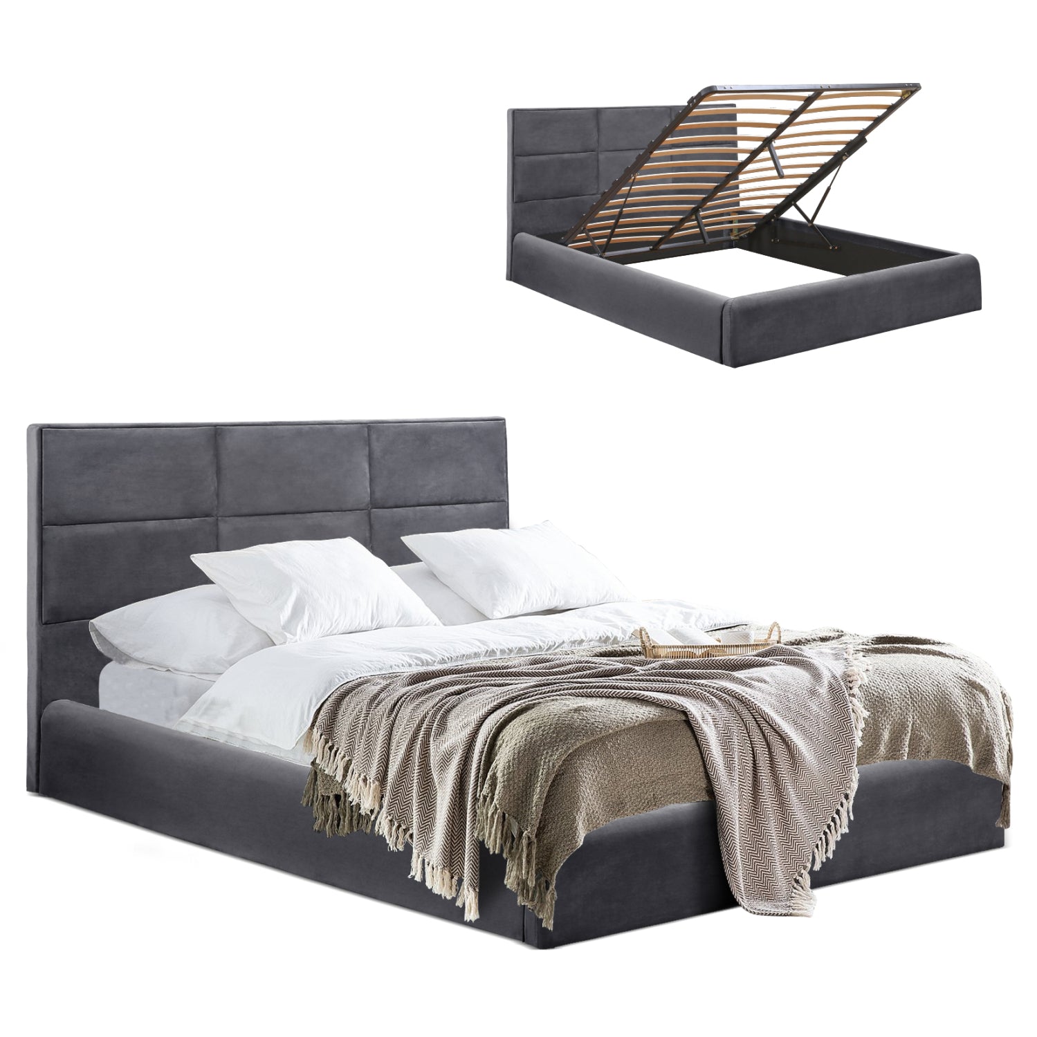 Кадифено легло BRILEY сиво с място за съхранение 160x200 см