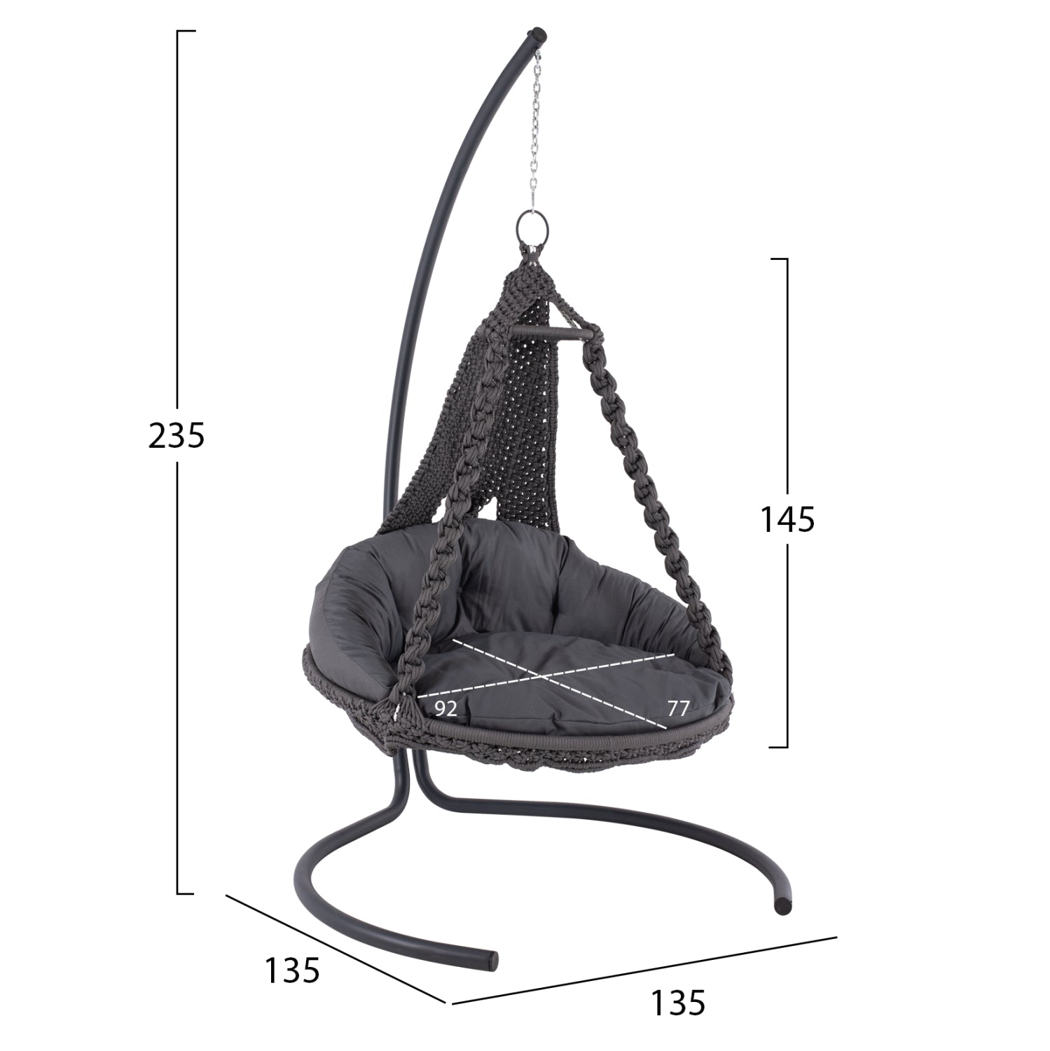 Висящо люлка August, макраме, метал, въглен, 123x113x145см.