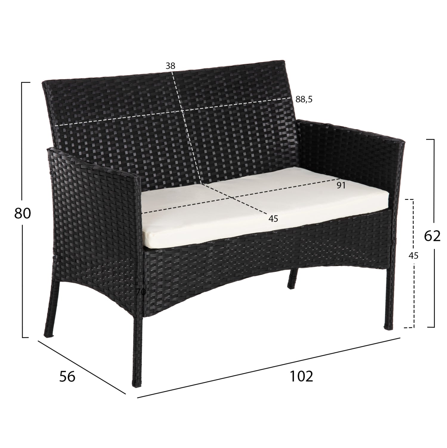 Градински комплект Стасия цвят черен-бежов от 5бр диван с 2 кресла и маса 75.5x37.5x38.5