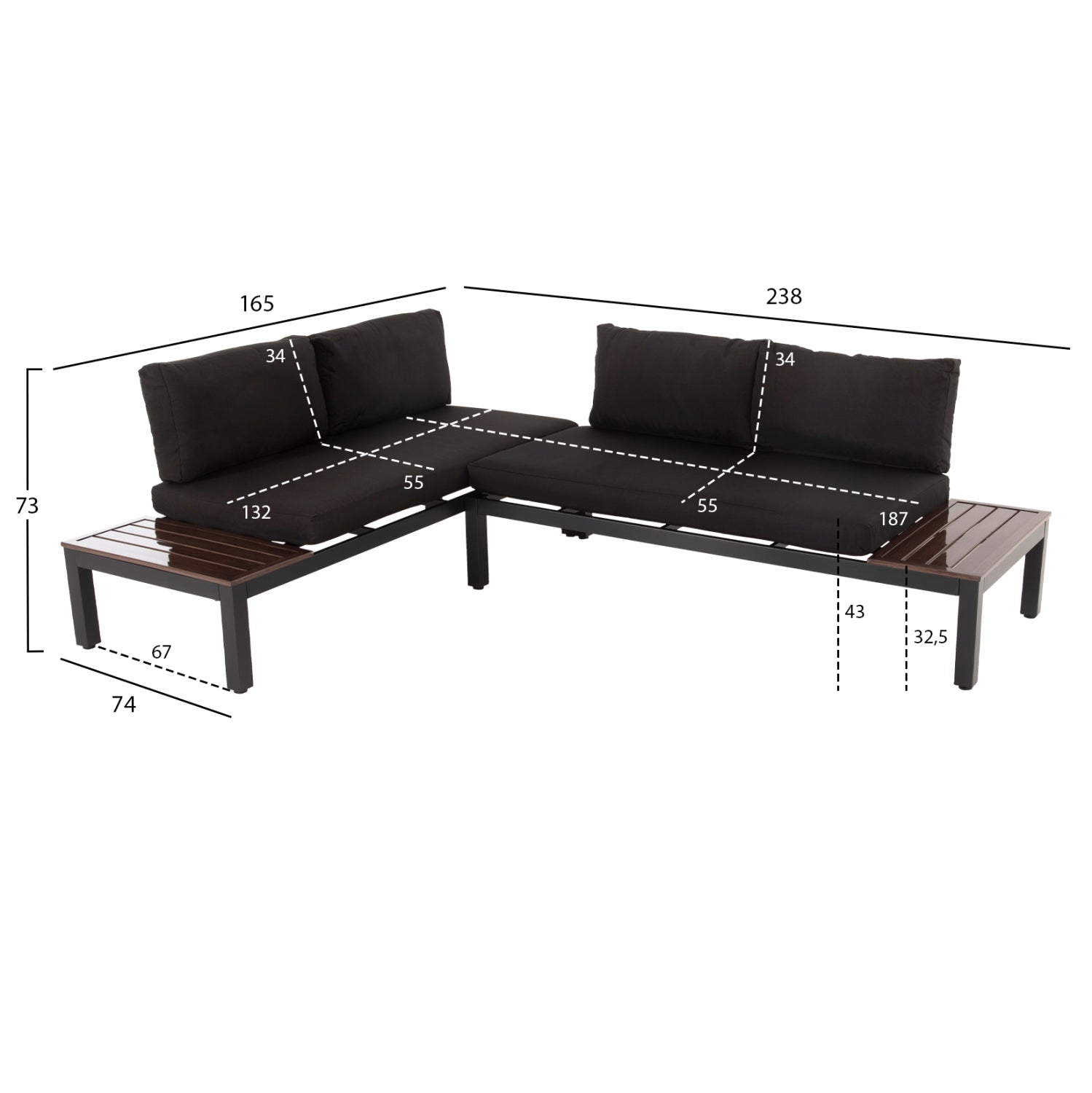 Комплект градински Декс алуминий цвят антрацит-кафяв/черен с 2 дивана 164x74x73 и маса 63,5x63,5x32,5