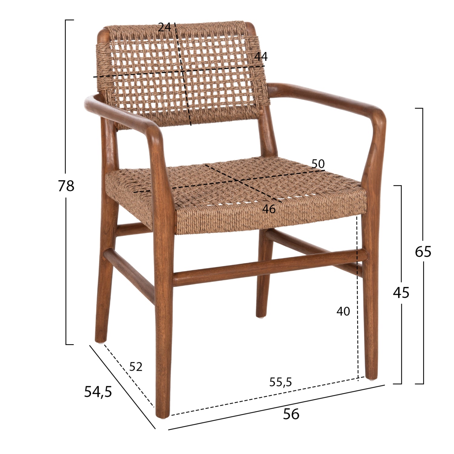 Трапезно кресло ROSCO тиково дърво /въже 56х54,5х78см.