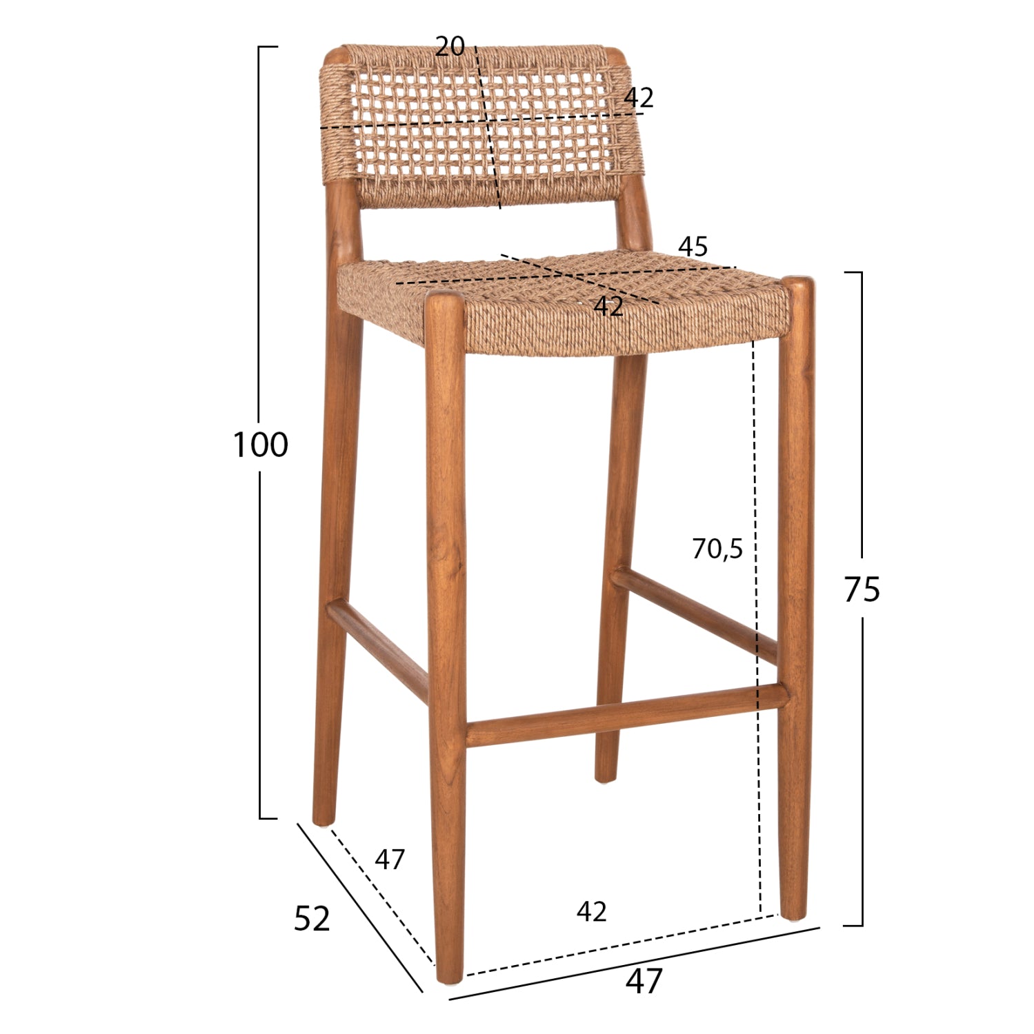 Бар стол ROSCO тиково дърво орех цвят-въже viro кафяв цвят 47x52x100cm