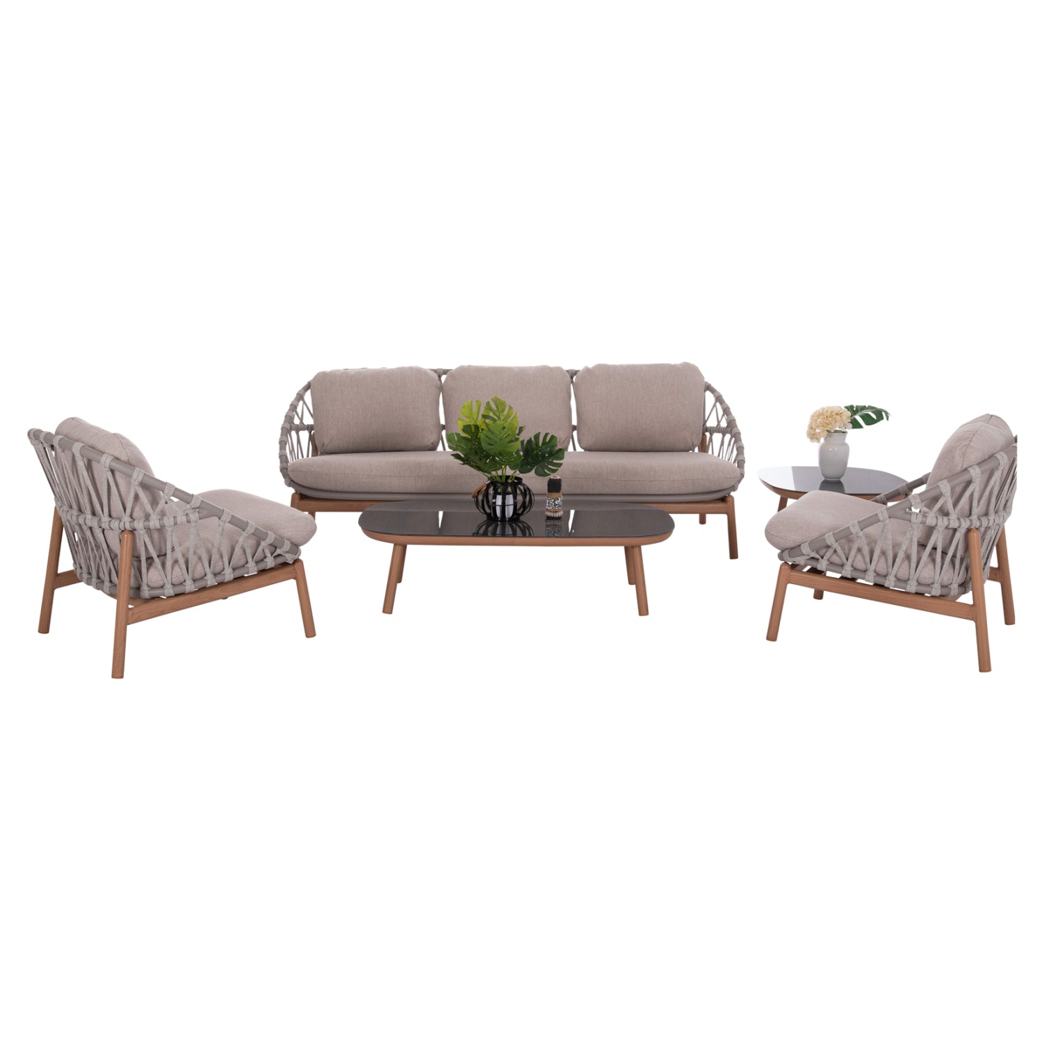 Комплект KROM 4 части алуминий/въже цвят натурал-бежов с маса 120x65x31,5