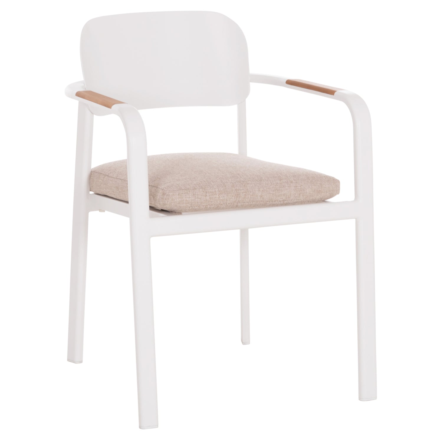 Трапезен стол ELARA бял, алуминий-бежов, олефинов плат -- тиково дърво, 56x62x78всм.