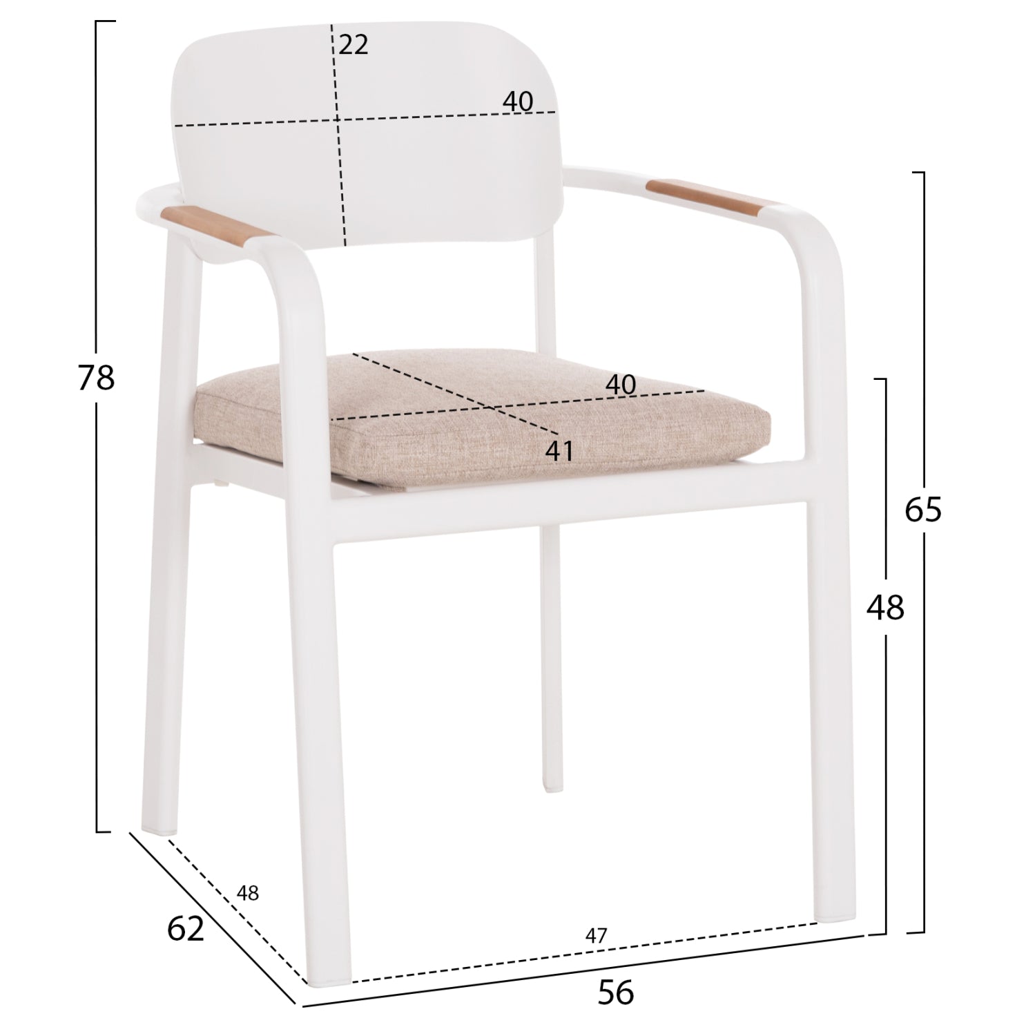 Трапезен стол ELARA бял, алуминий-бежов, олефинов плат -- тиково дърво, 56x62x78всм.
