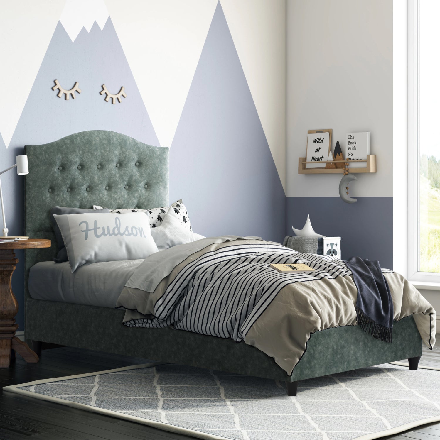 Легло Малена в зелена дамаска набук за матрак 90х200см.