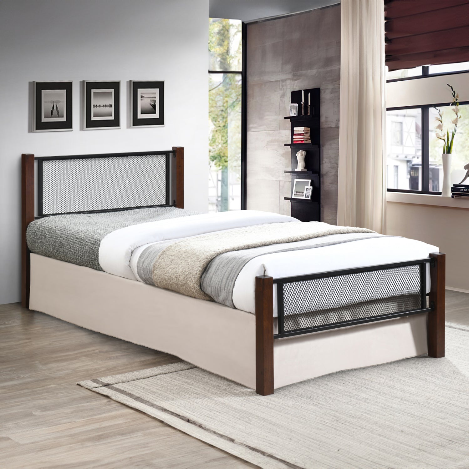 Единично легло rayven, дърво в цвят мръсен дъб - метал в черно - за 90x190 см