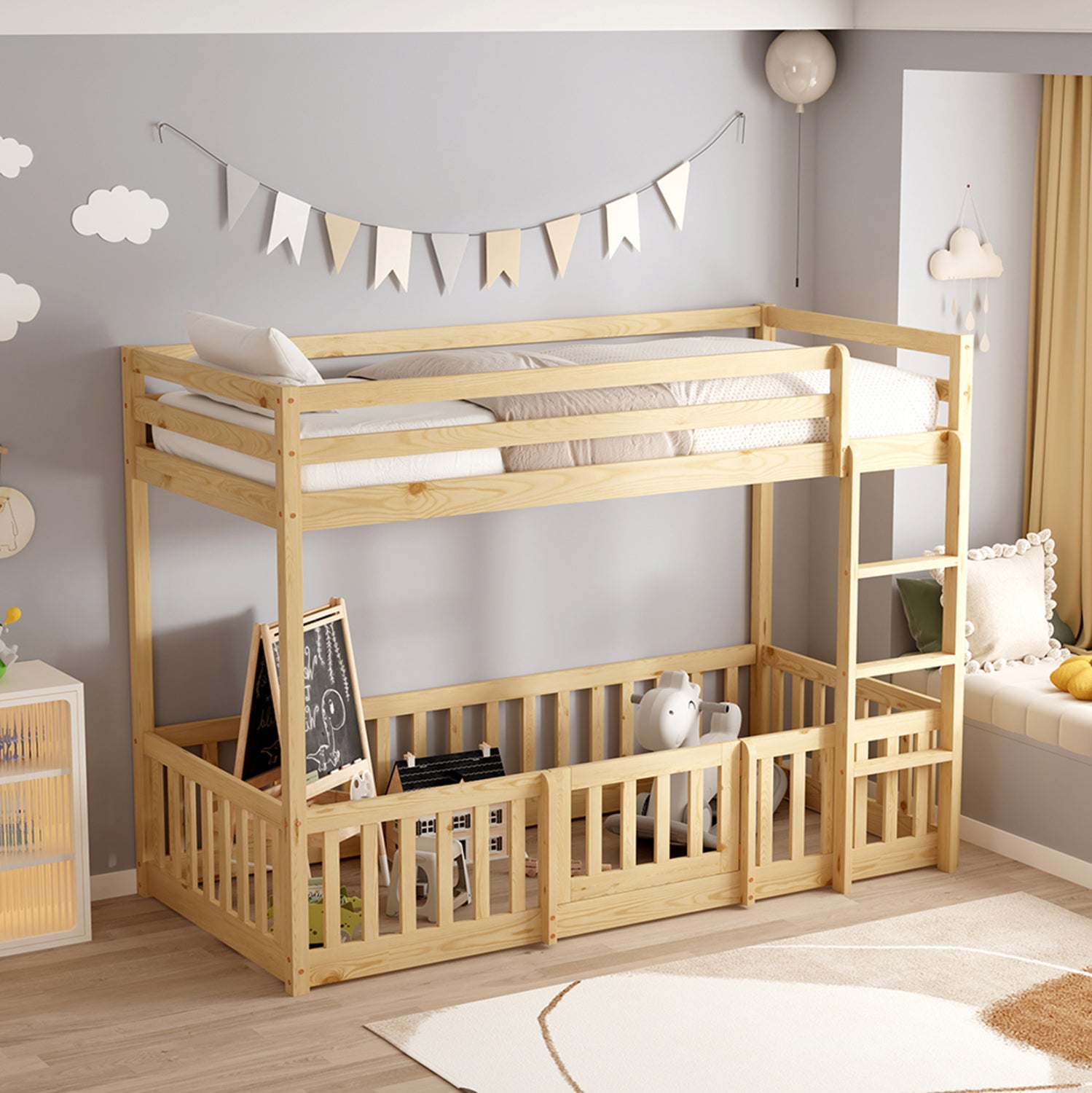 Легло Монтесори цвят натурал с място за игра за матрак 90/190см