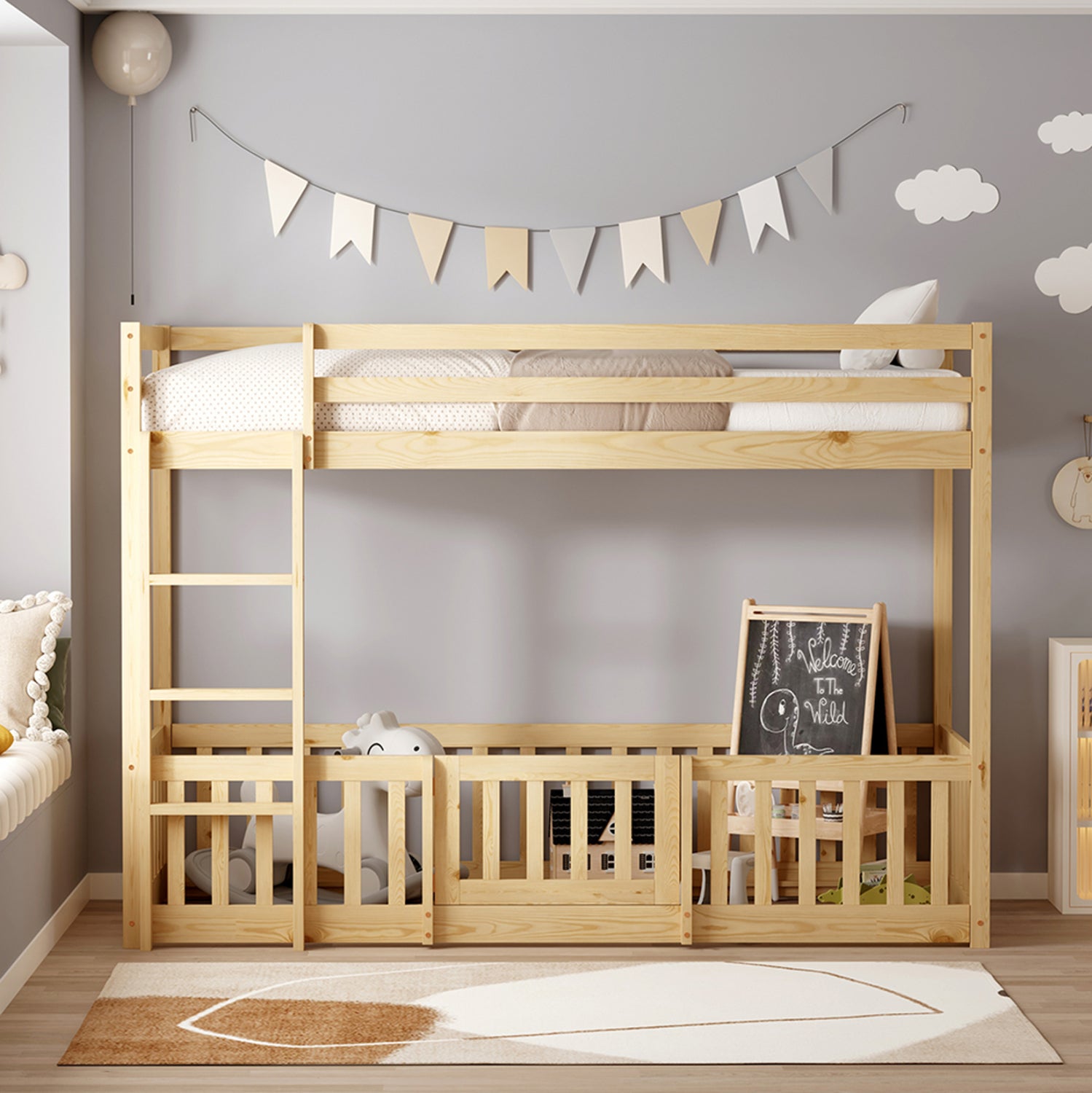 Легло Монтесори цвят натурал с място за игра за матрак 90/190см