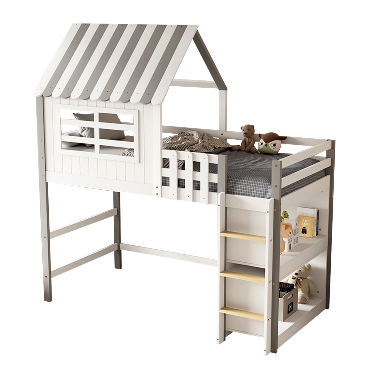 Дeтско легло МОНТЕСОРИ със странични рафтове КГ712 борова дървесина бяло/сиво за матрак 90x190см