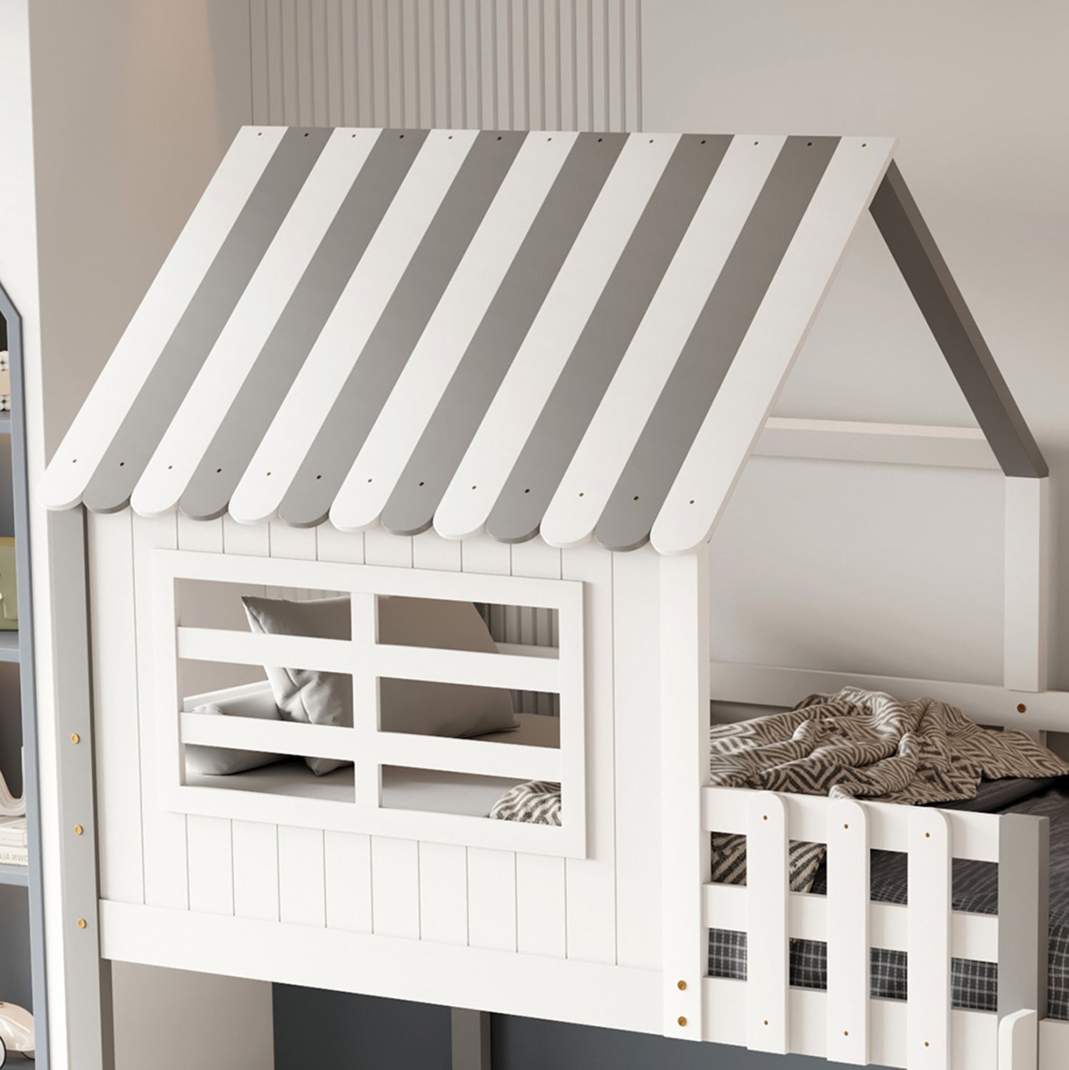 Дeтско легло МОНТЕСОРИ със странични рафтове КГ712 борова дървесина бяло/сиво за матрак 90x190см