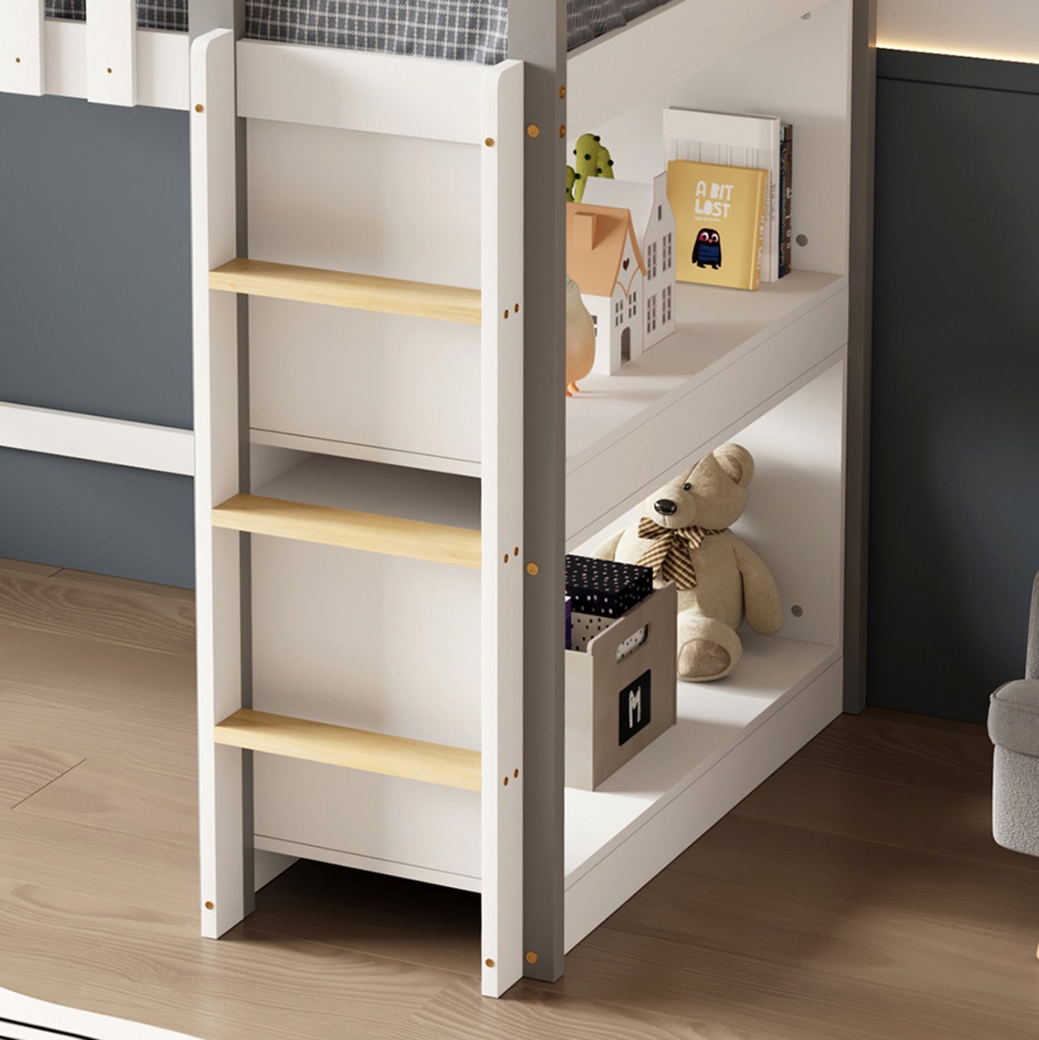 Дeтско легло МОНТЕСОРИ със странични рафтове КГ712 борова дървесина бяло/сиво за матрак 90x190см