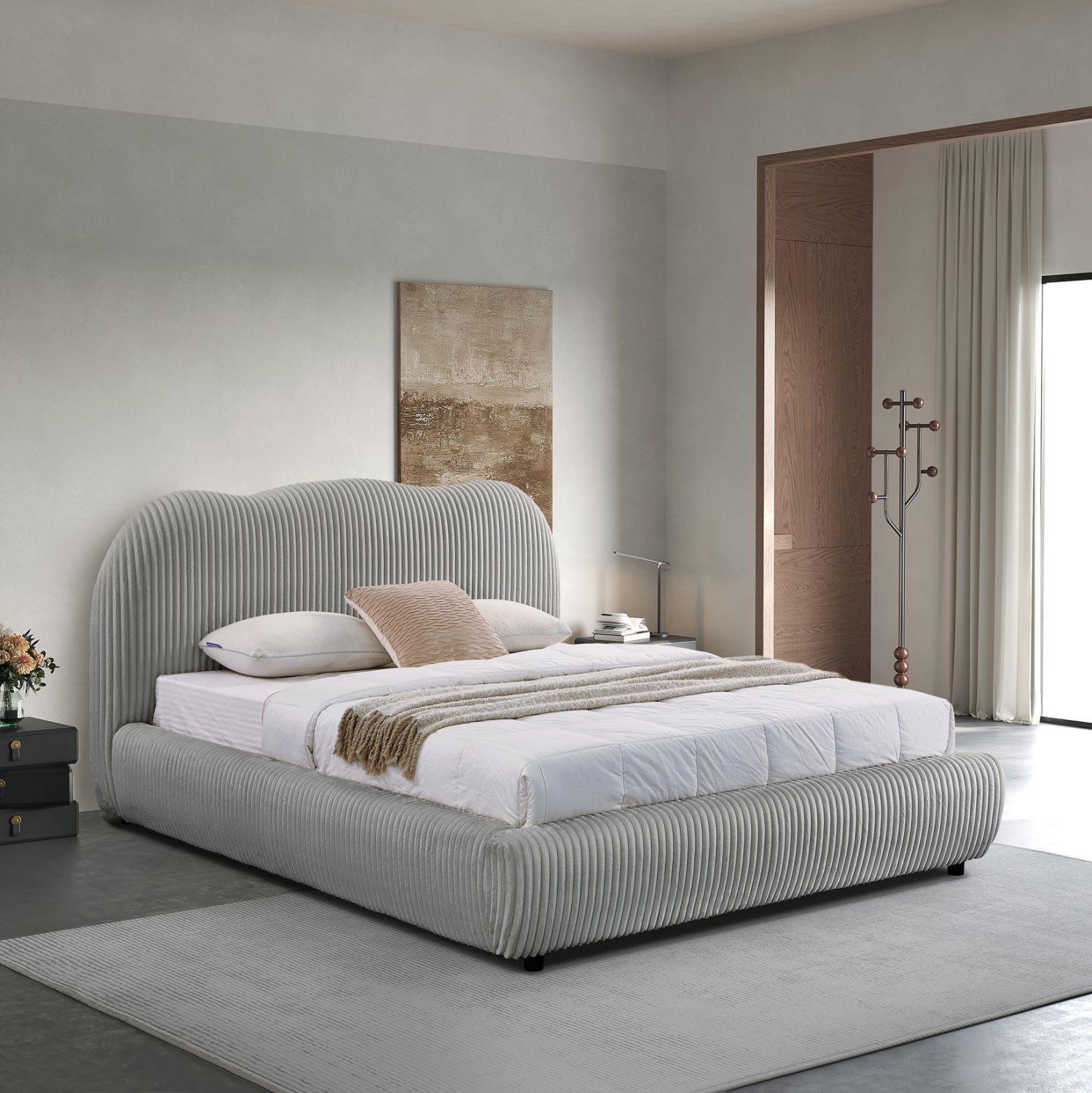 Двойно легло с място за съхранение KALLY сива дамаска за матрак 160x200cm