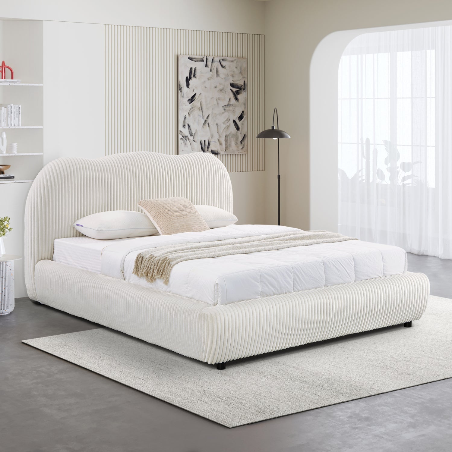 Двойно легло с място за съхранение KALLY бежов плат изкуствена кожа--матрак 160x200см