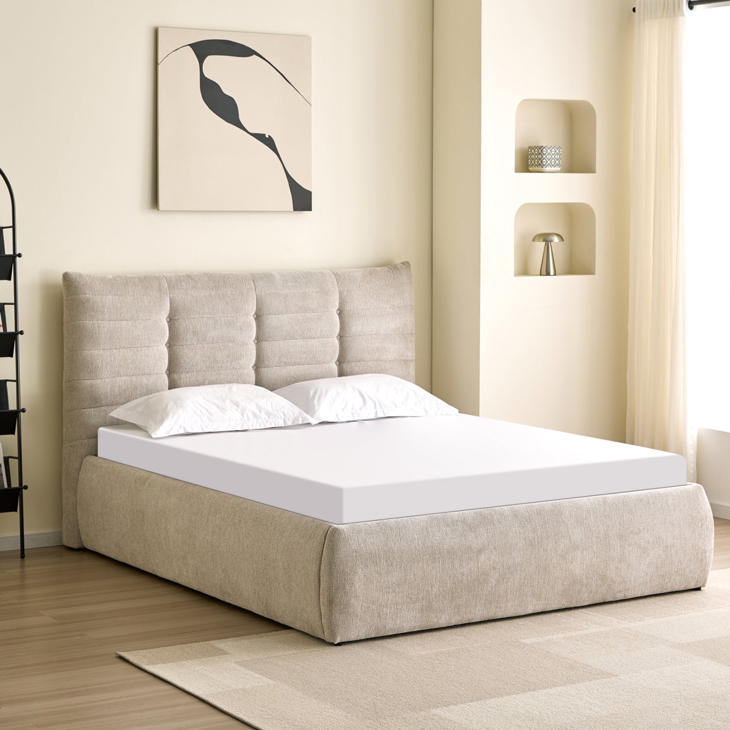 Двойно легло Sandra бежов плат и място за съхранение за матрак 160x200см