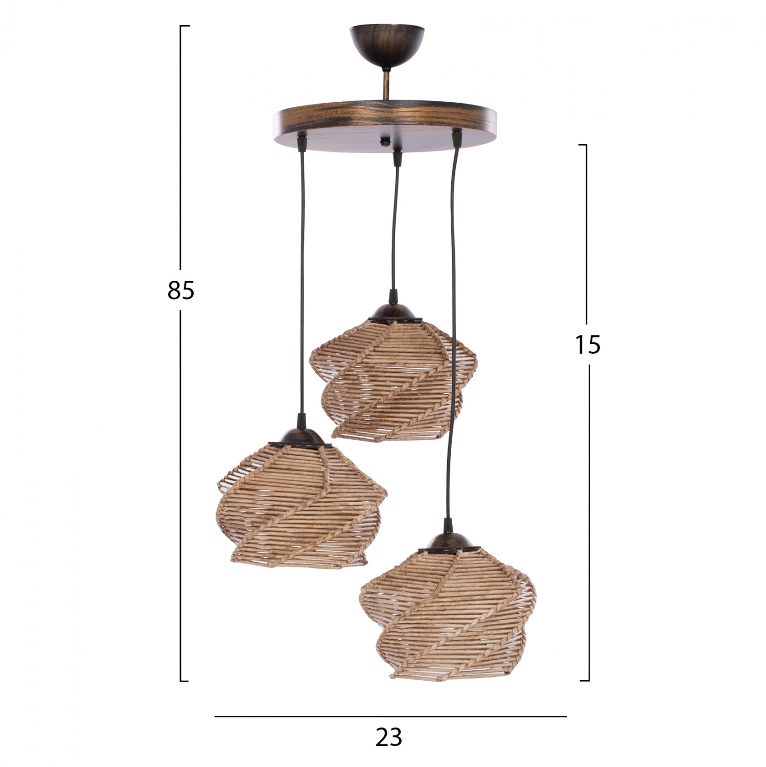 Висяща таванна лампа, 3 лампи, в естествен абажур.