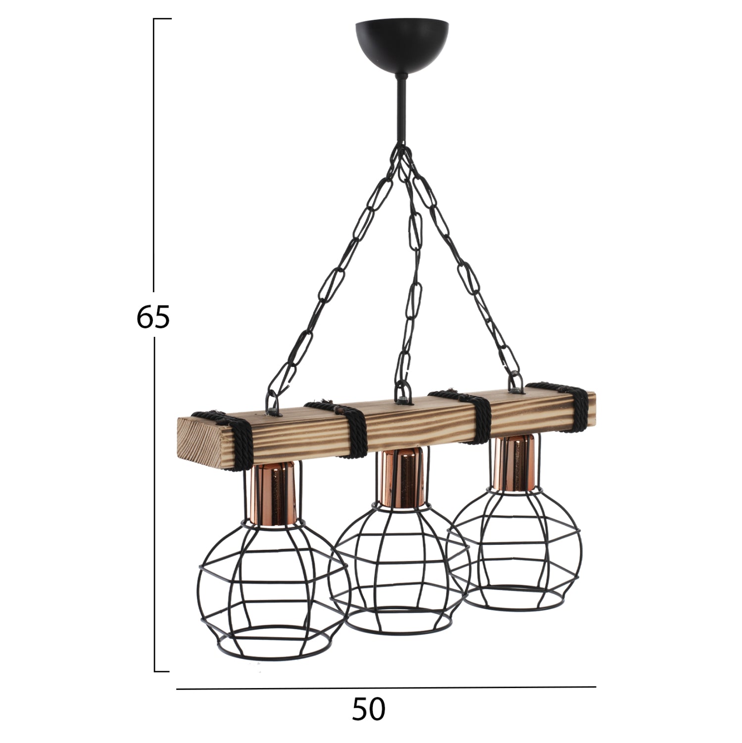 Таванен аптон с 3 лампи с дървена и метална мрежа 50x16x65см