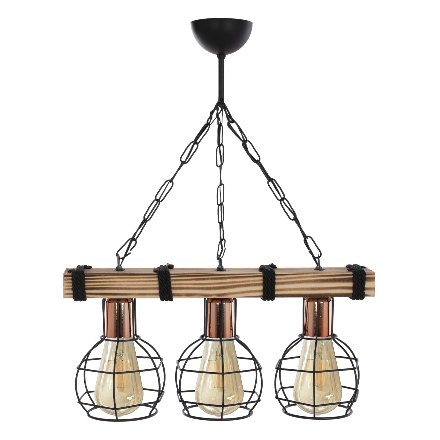 Таванен аптон с 3 лампи с дървена и метална мрежа 50x16x65см