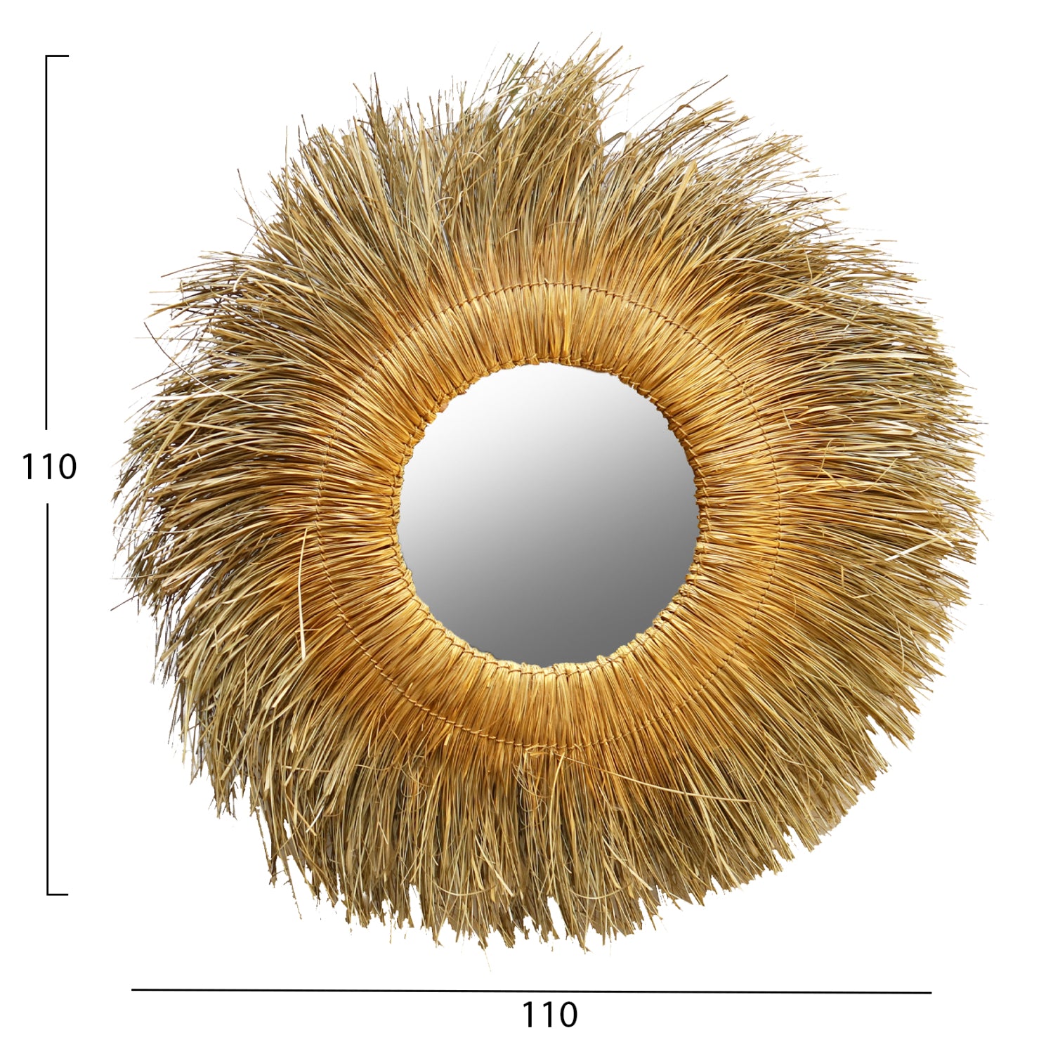Кръгло стенно огледало с панданска трева, натурално златист цвят, 110x5x110 см