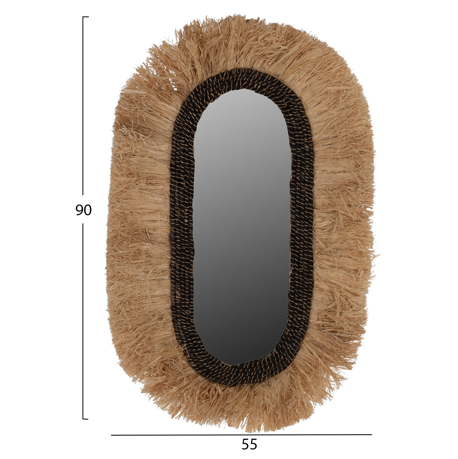 Овално стенно огледало от сизалови влакна в естествен черен цвят 55x4x90см