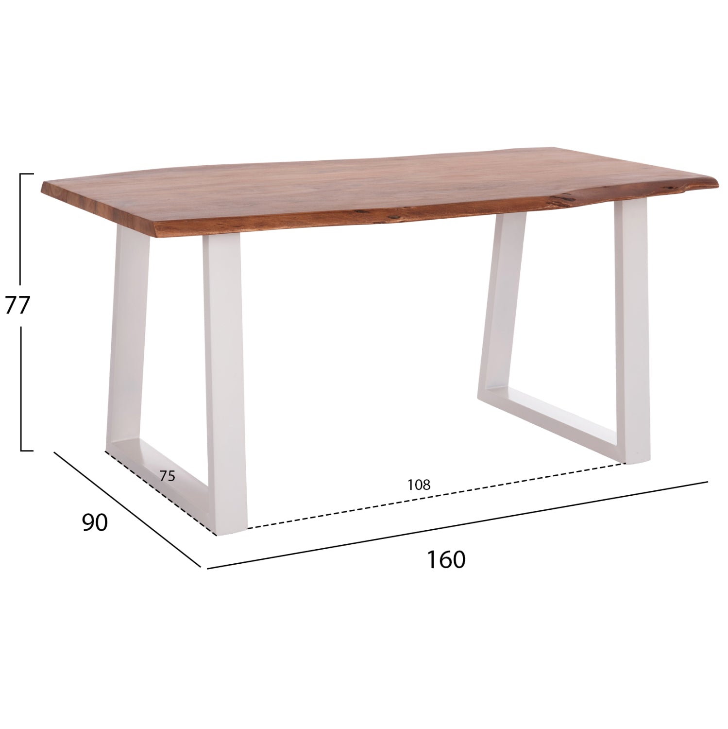 Трапезна маса Монтана акациево дърво 4см дебелина - бели крака 160х90х77см