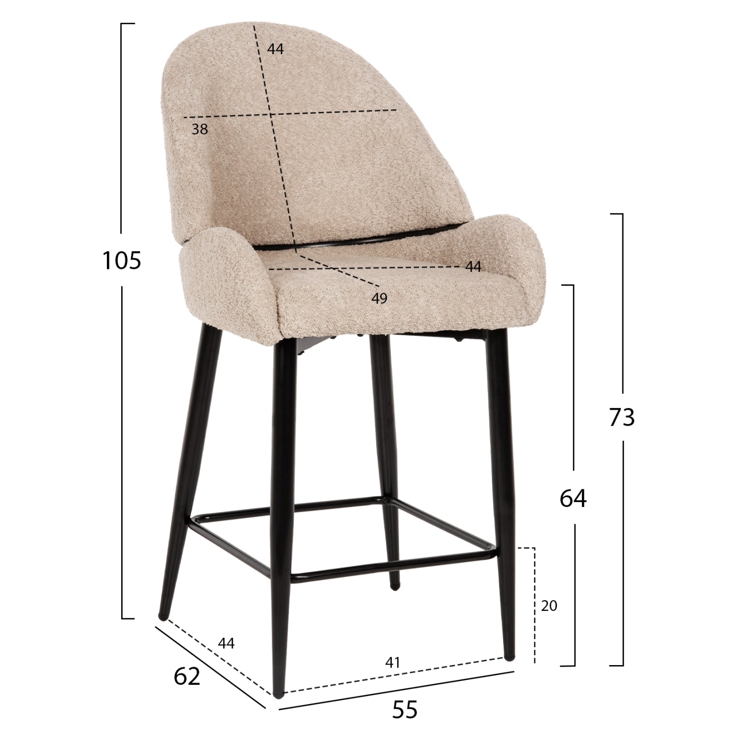 Бар стол SARKY букле цвят екрю 55x62x105