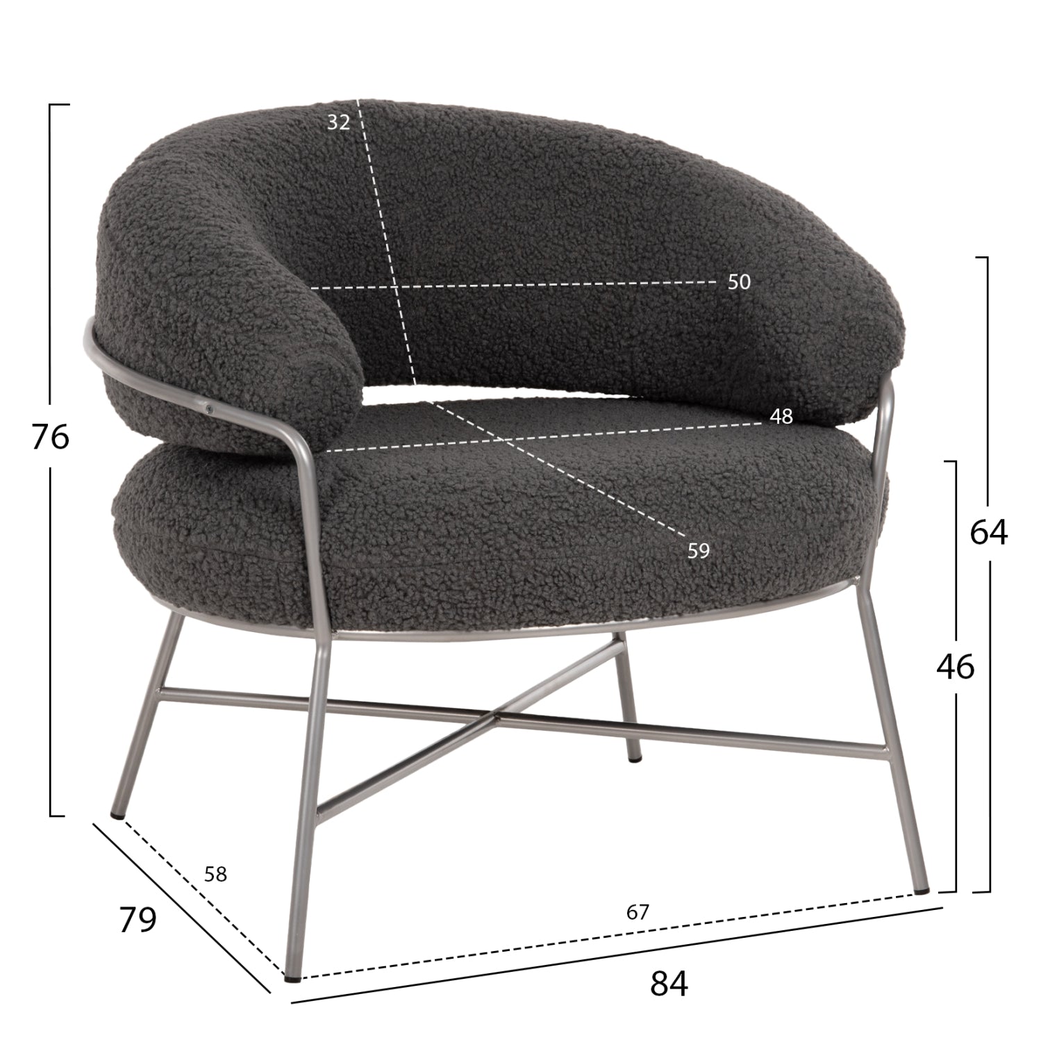 Кресло TRUDI в сиво букле със сребриста метална конструкция 84x79x76см.