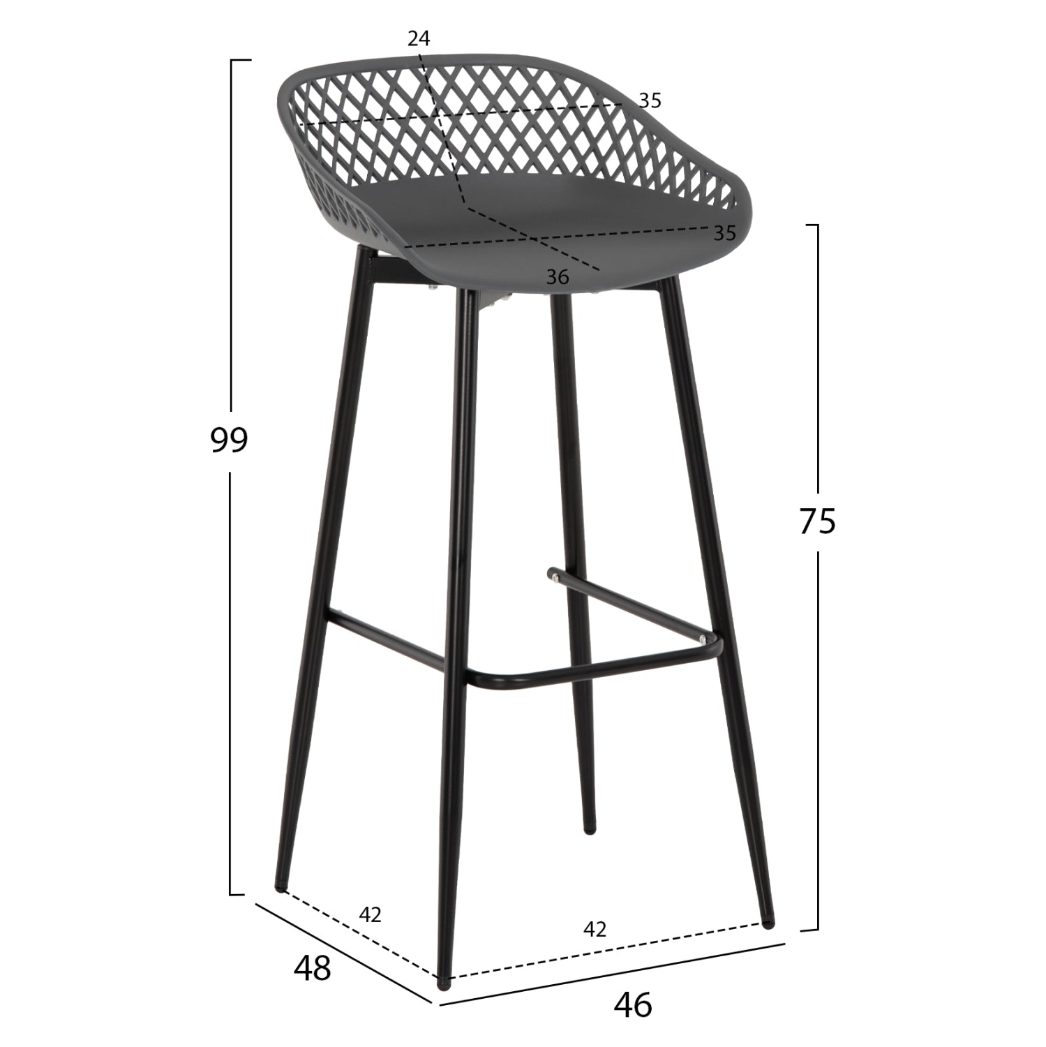 Полипропиленов бар стол Аvaya сив с черни метални крака 46x48x99в см