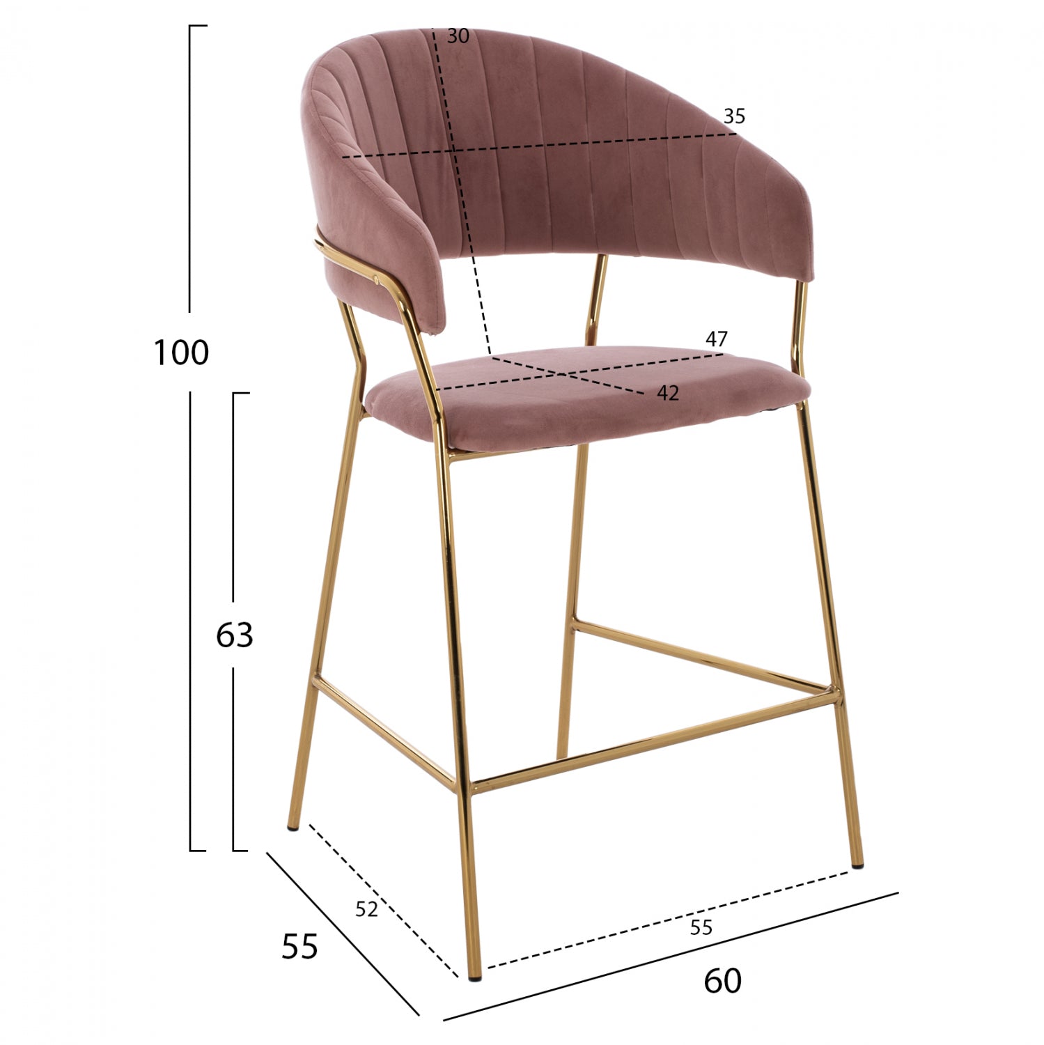 Бар стол Теодор голд розово кадифе 60x55x100