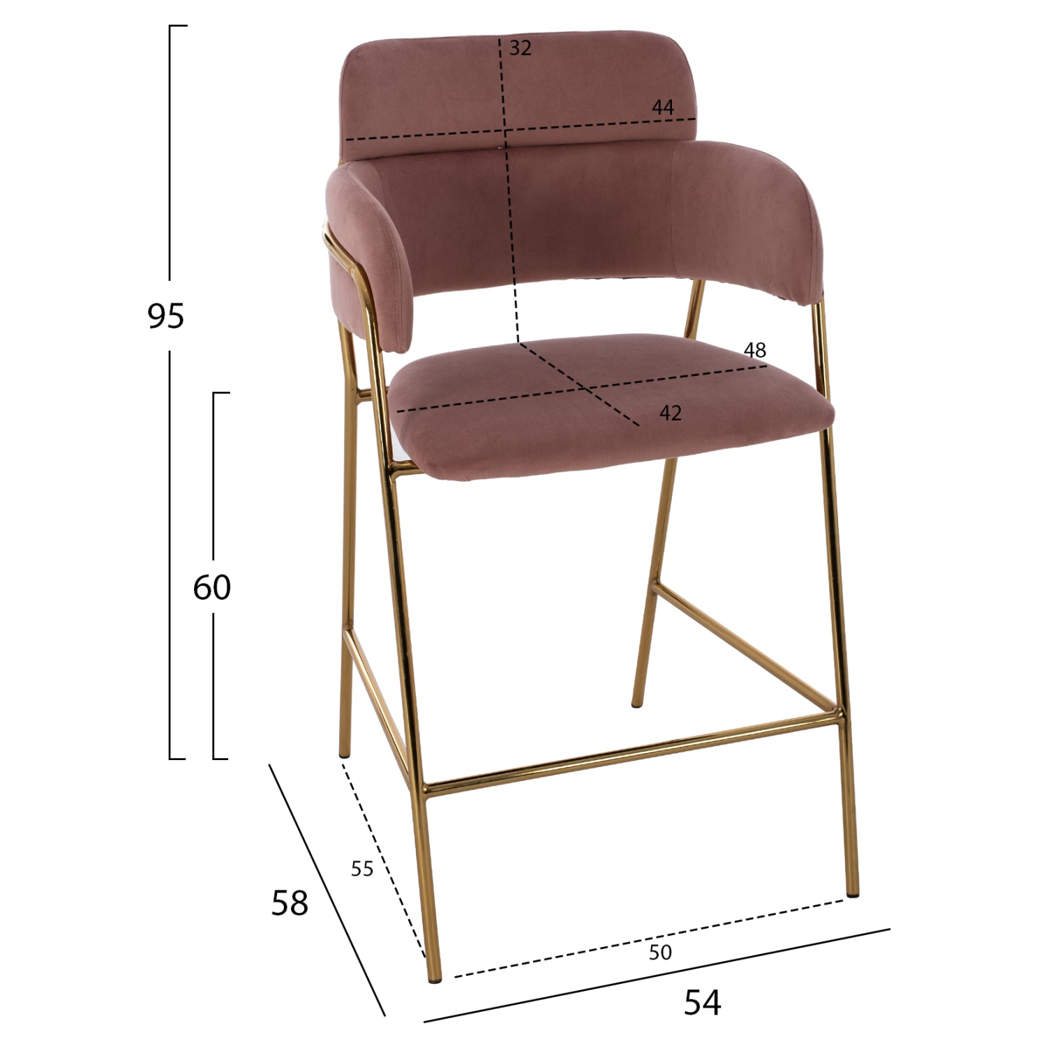Бар стол KELSO голд средна височина-розово кадифе