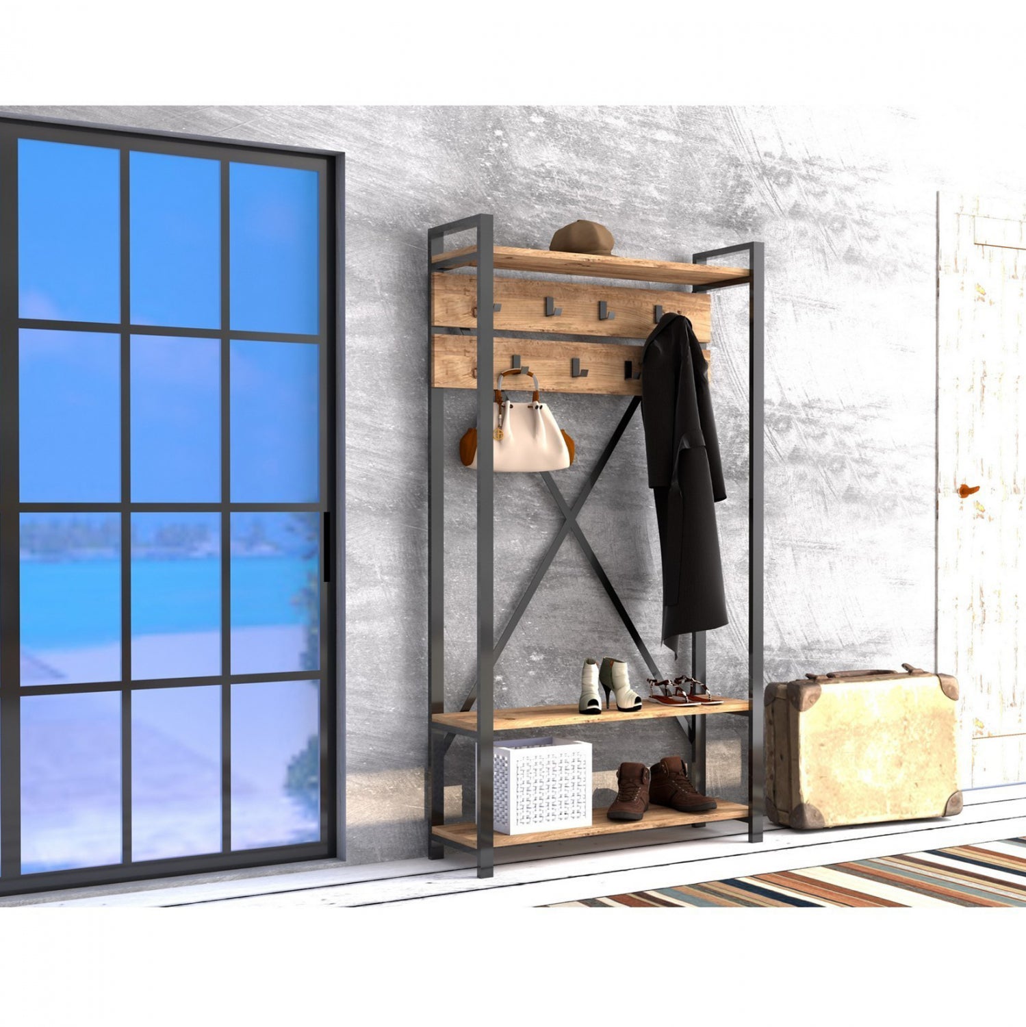 Мебели за антре естествено дърво и черно 90x34x180 см