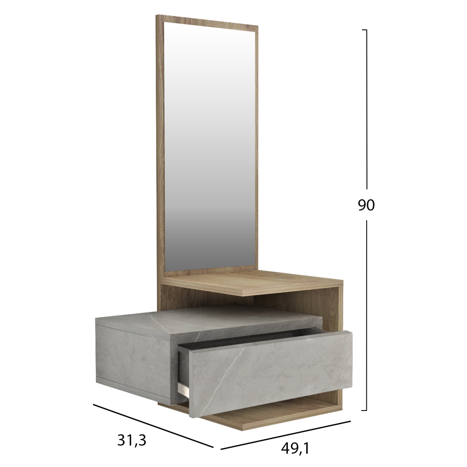 Входна стенна мебел с огледало MEARA цвят сив-натурал 49,1x31,3x90