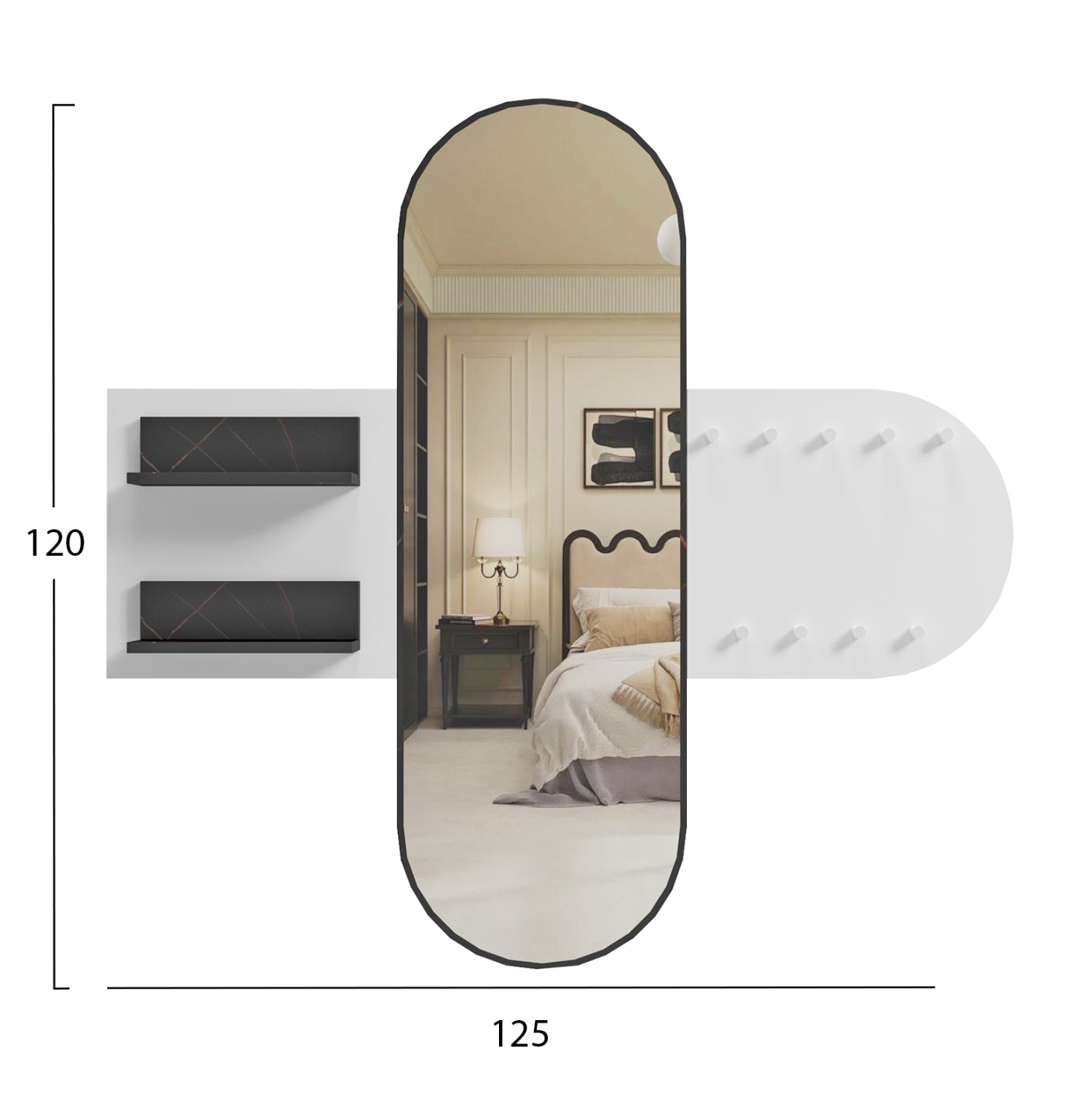 Входна мебел с огледало, цвят CHERYL, бял меламин - черен мрамор, 125x40x120 см