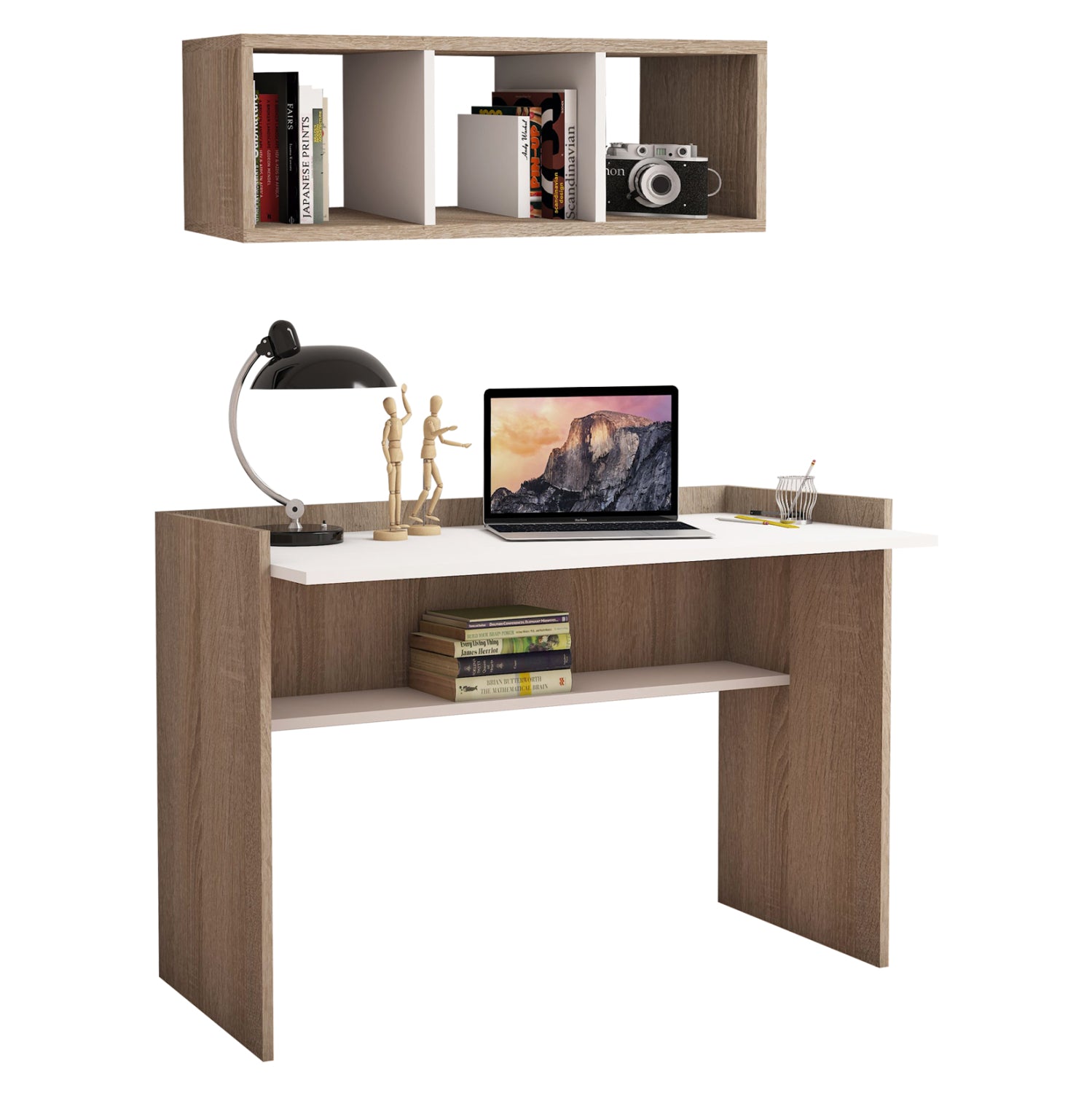 Офис бюро и стенен рафт КГ11775.12 сонома-бял цвят 118x45-58x80